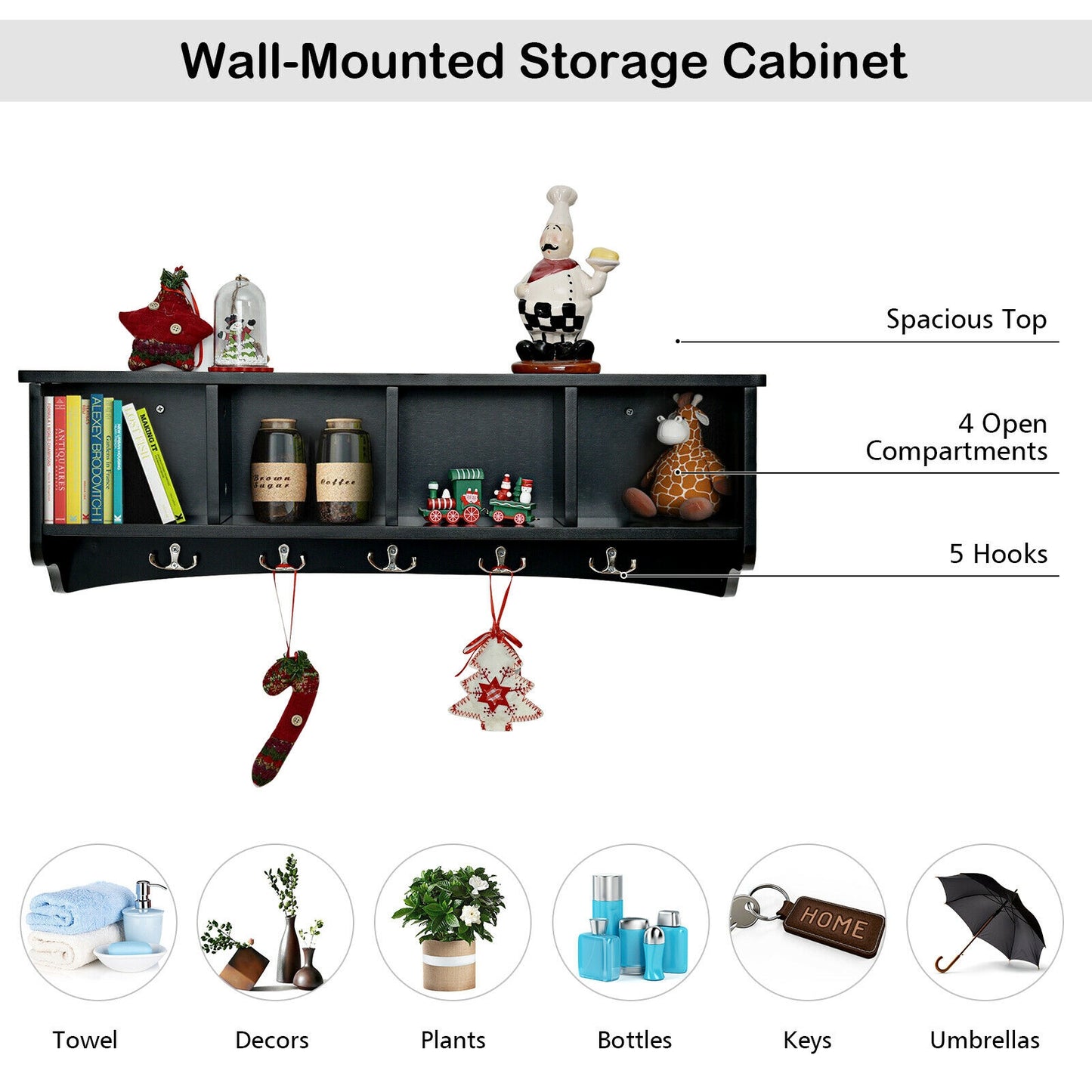 Wall Mounted Entryway Shelf with Hooks and Storage Compartments – Black