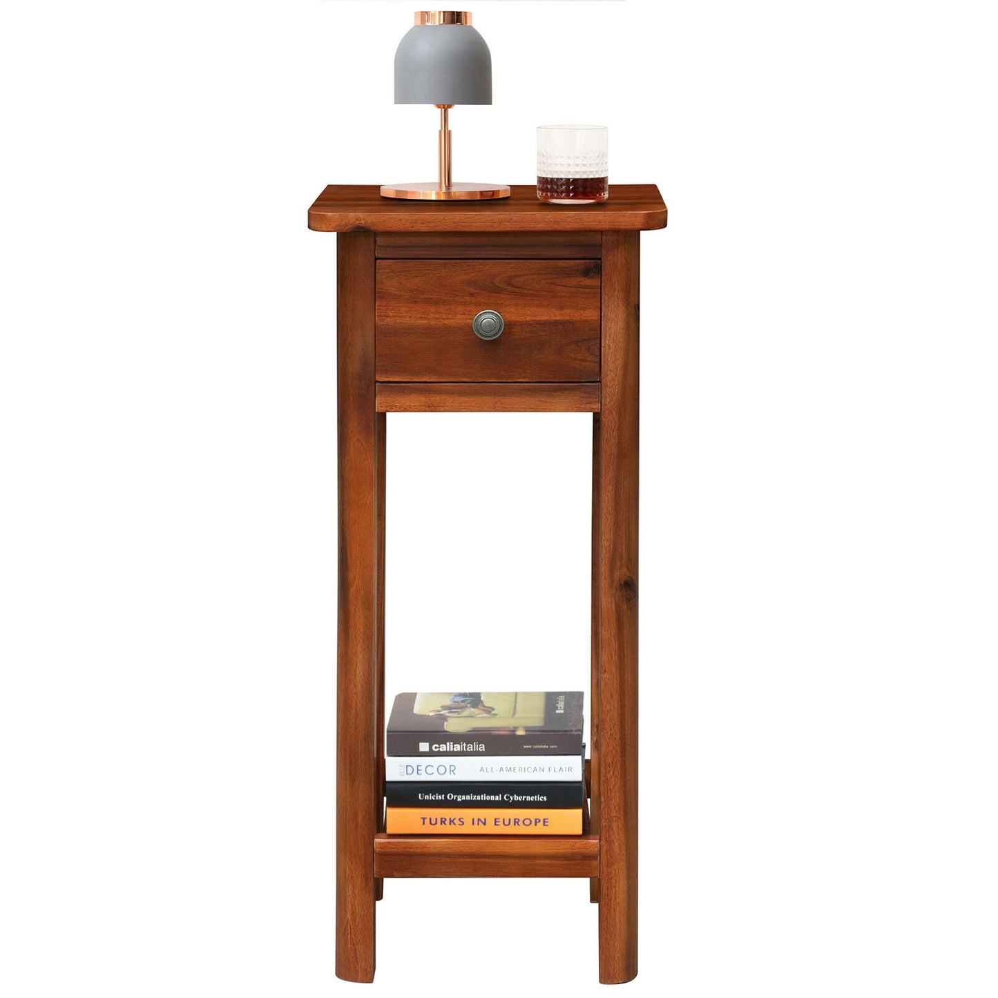 2-Tier Bedside Table with Drawer and Storage Shelf in Brown Finish