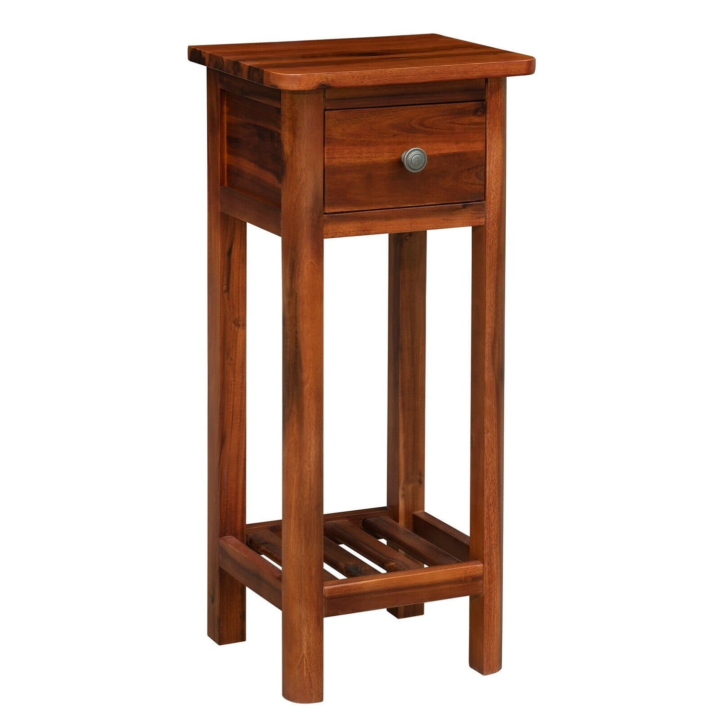 2-Tier Bedside Table with Drawer and Storage Shelf in Brown Finish