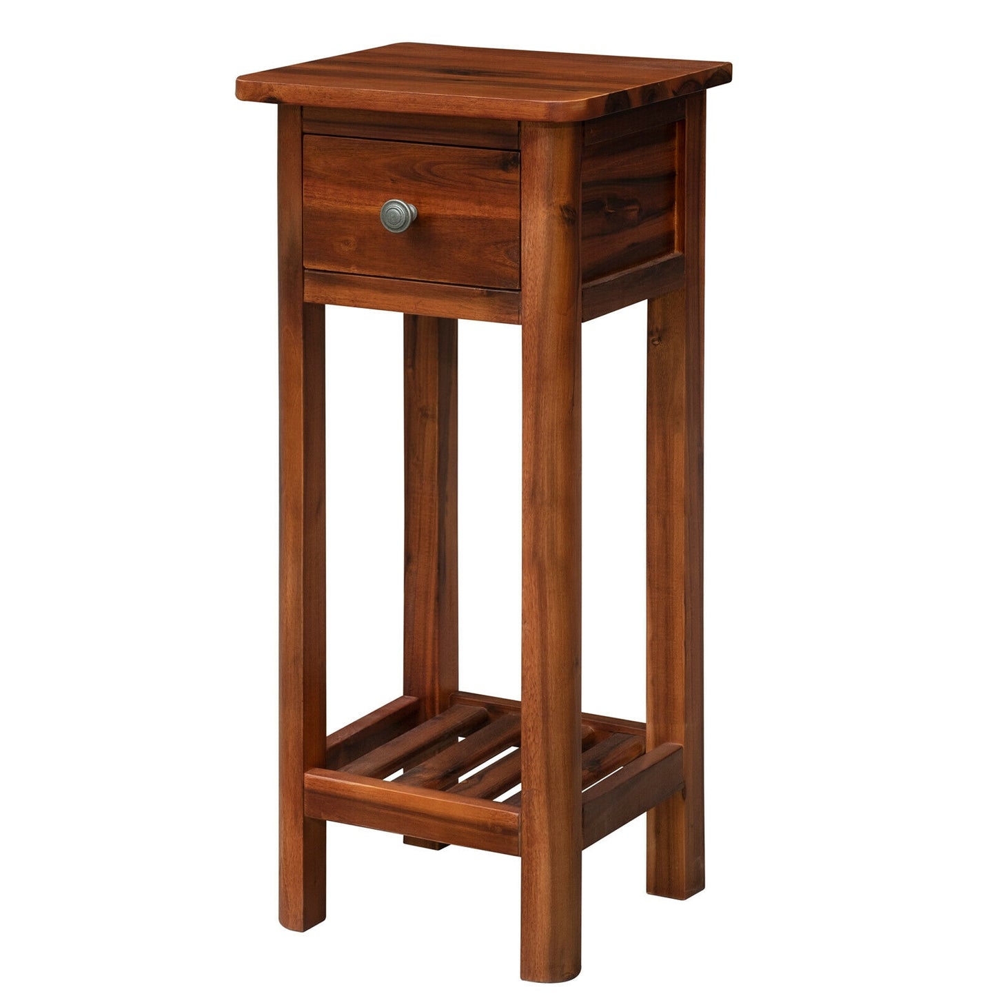 2-Tier Bedside Table with Drawer and Storage Shelf in Brown Finish