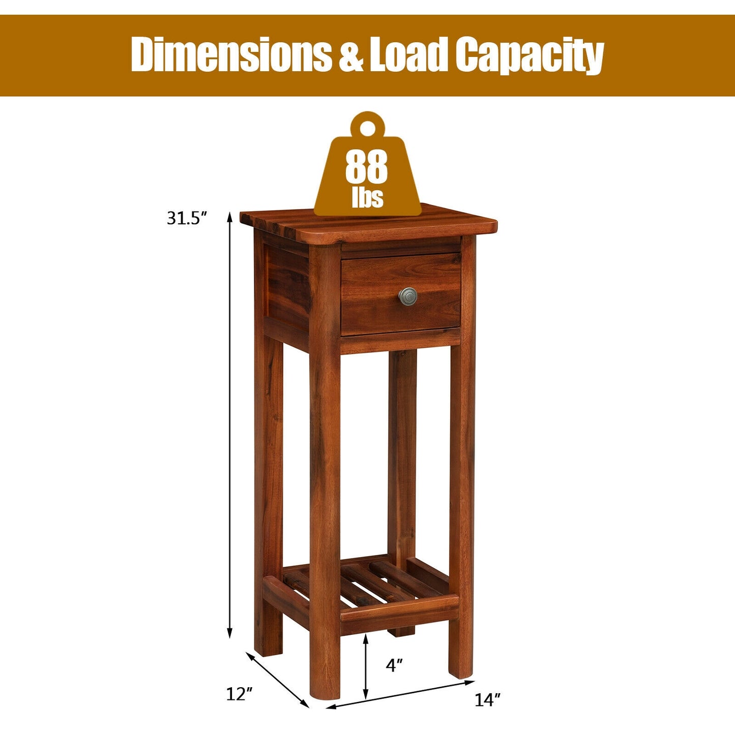 2-Tier Bedside Table with Drawer and Storage Shelf in Brown Finish