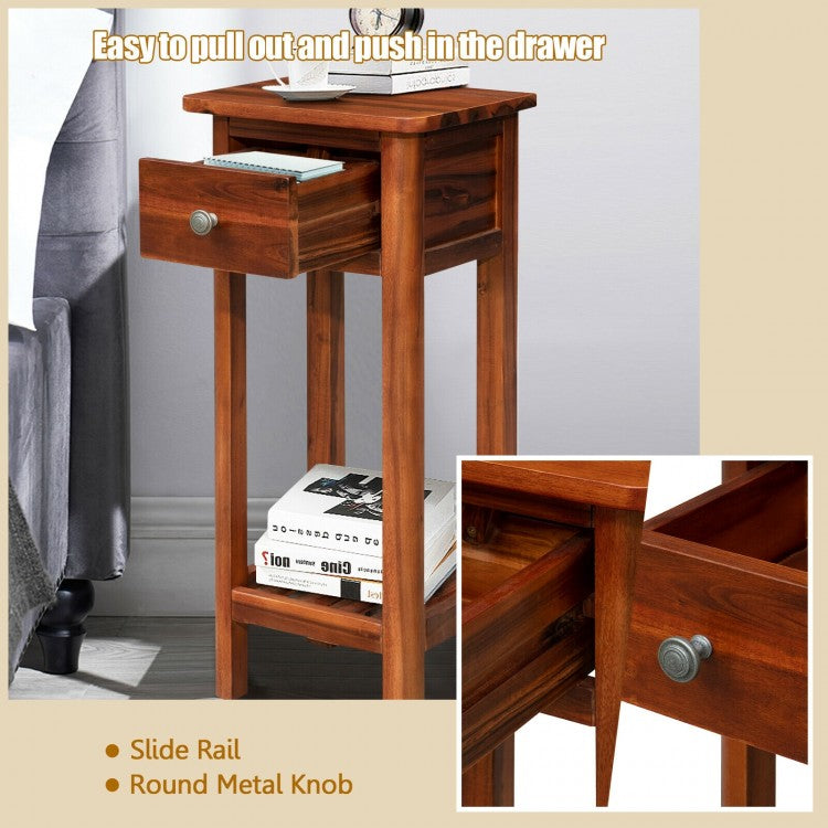 2-Tier Bedside Table with Drawer and Storage Shelf in Brown Finish