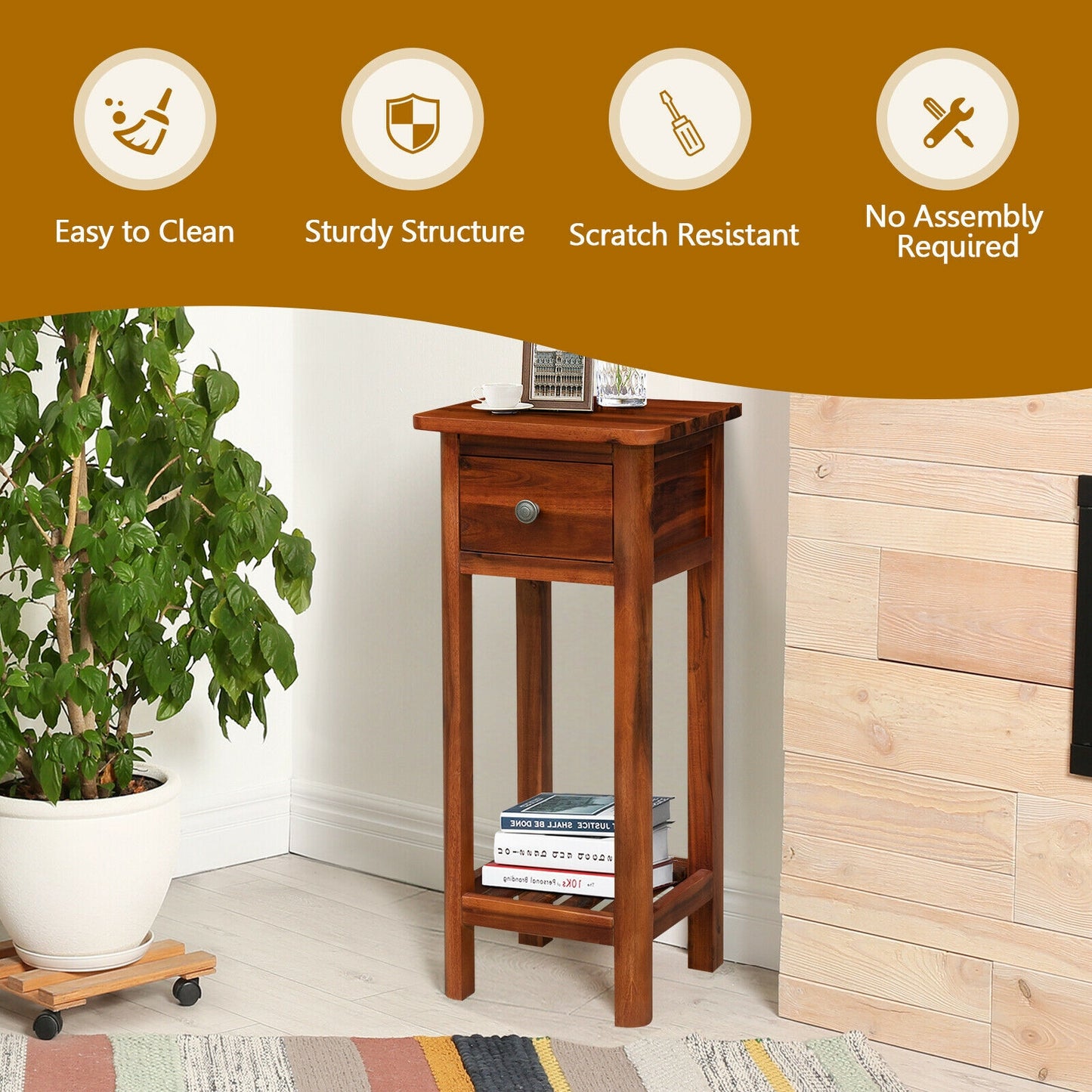 2-Tier Bedside Table with Drawer and Storage Shelf in Brown Finish