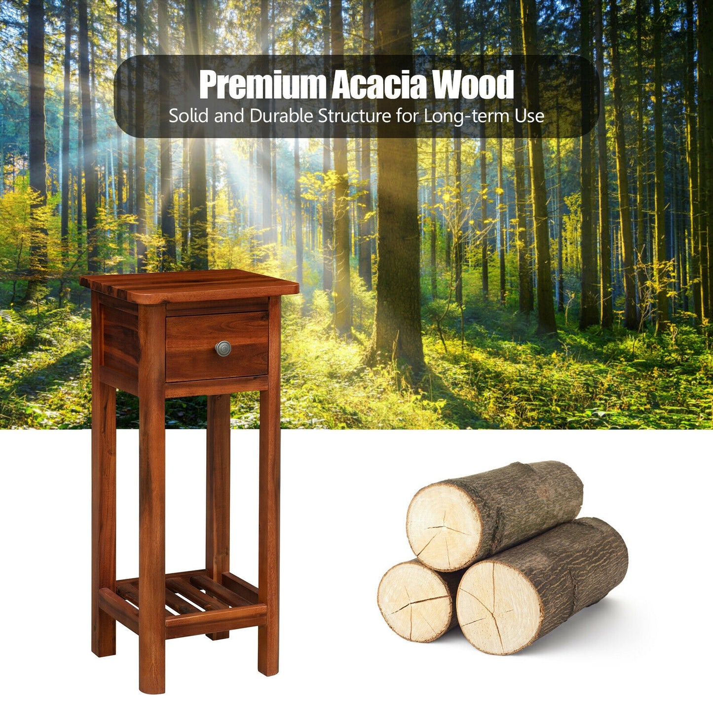 2-Tier Bedside Table with Drawer and Storage Shelf in Brown Finish