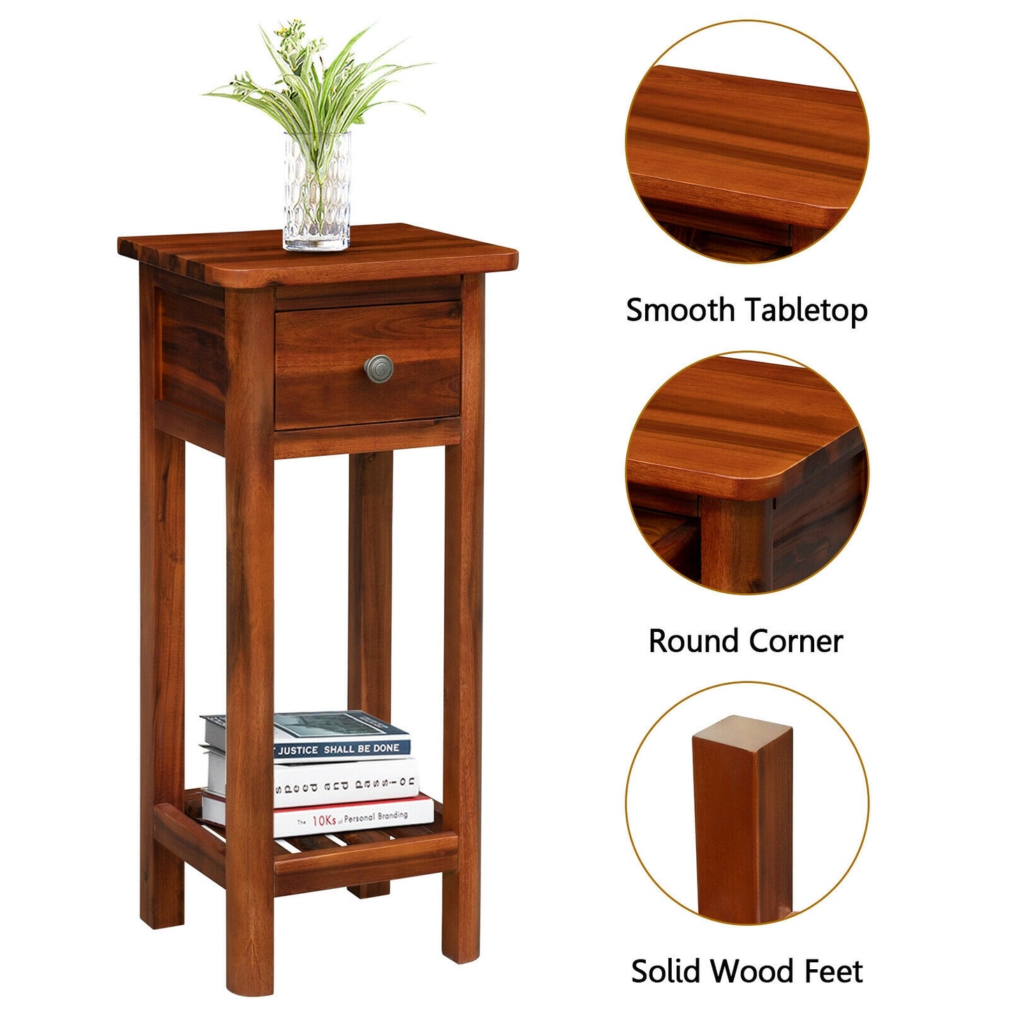 2-Tier Bedside Table with Drawer and Storage Shelf in Brown Finish