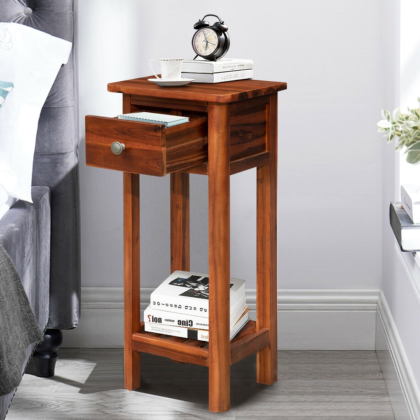 2-Tier Bedside Table with Drawer and Storage Shelf in Brown Finish