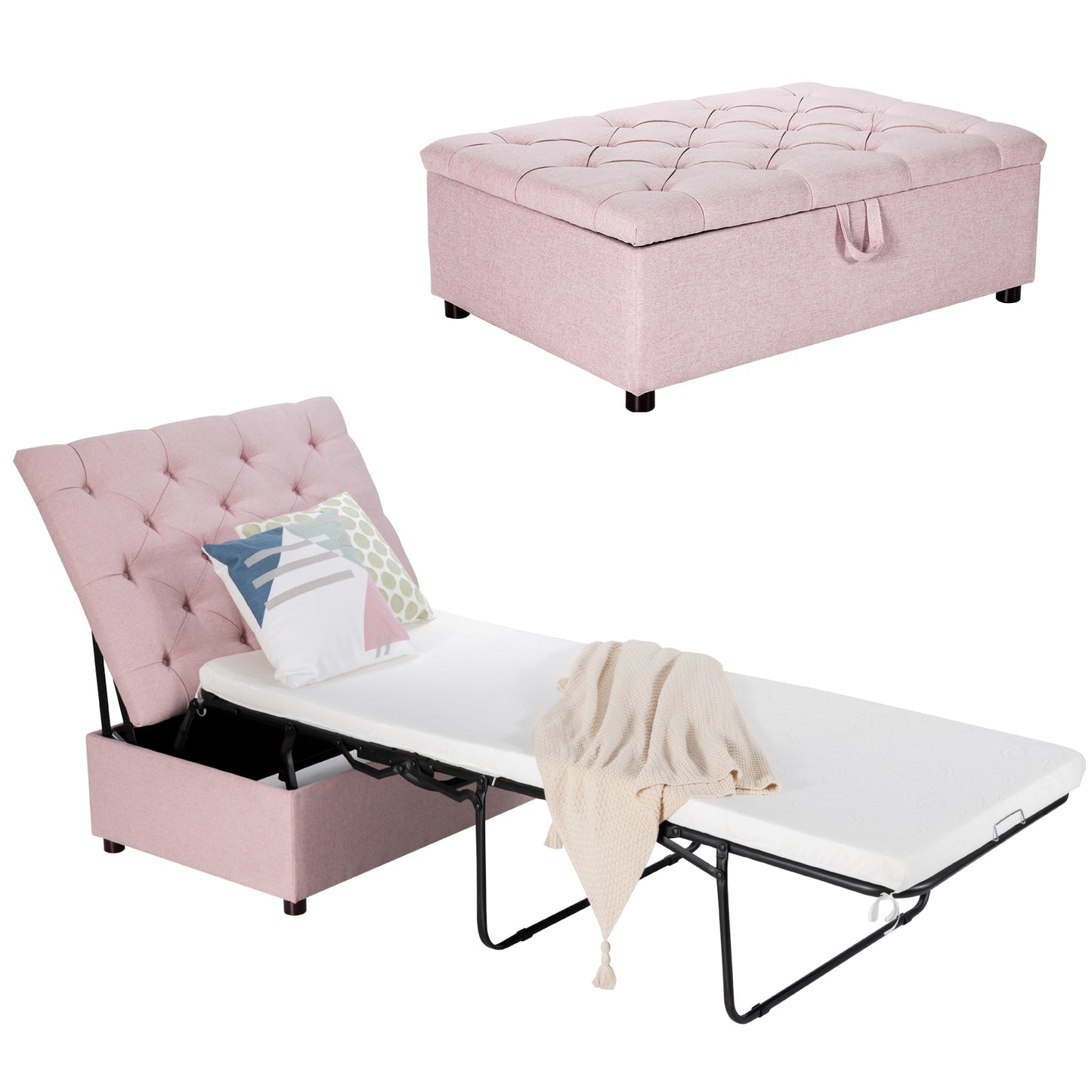 Folding Ottoman Sleeper Bed with Memory Foam Mattress - Pink