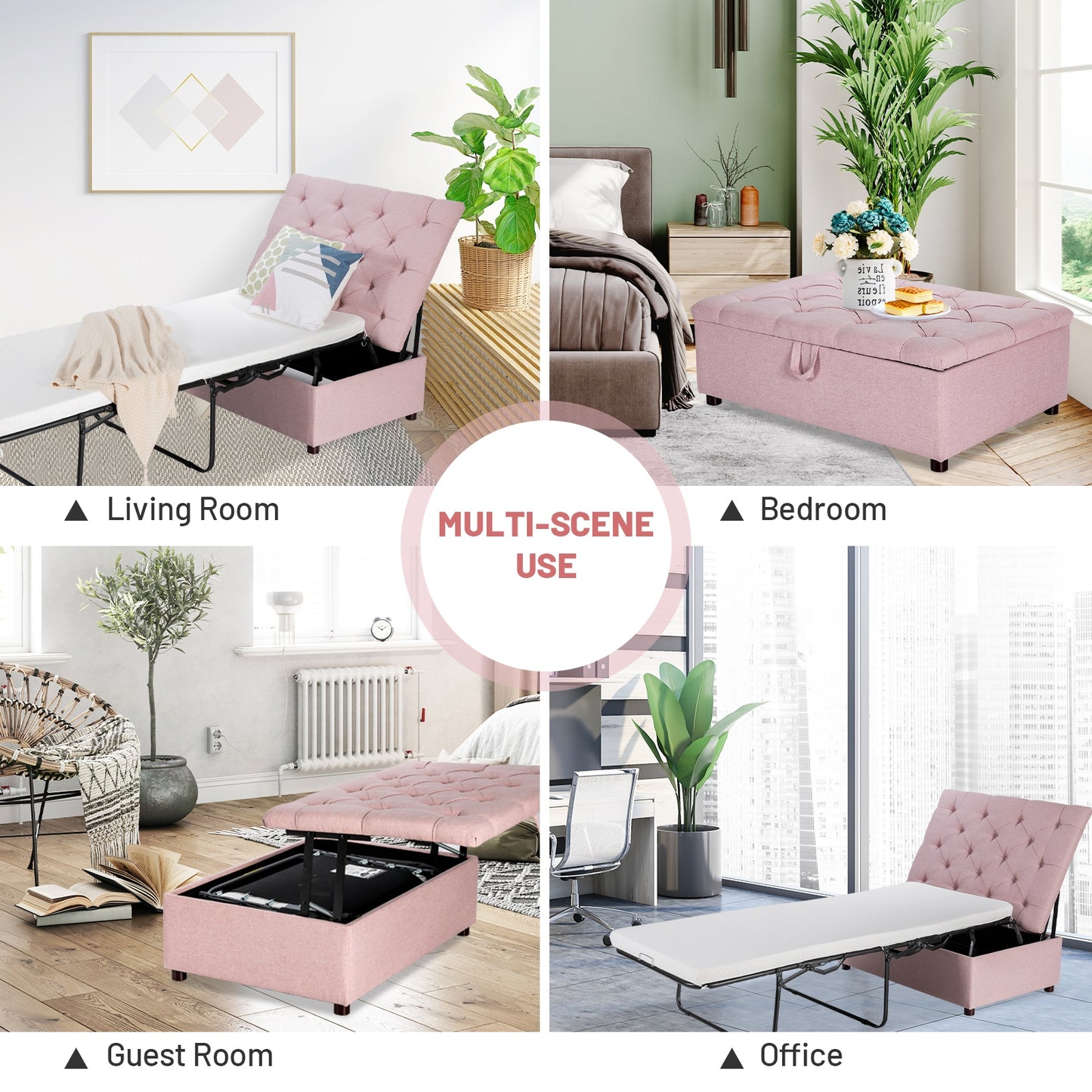 Folding Ottoman Sleeper Bed with Memory Foam Mattress - Pink