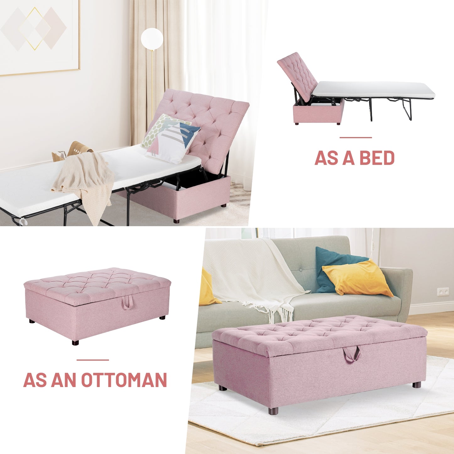 Folding Ottoman Sleeper Bed with Memory Foam Mattress - Pink