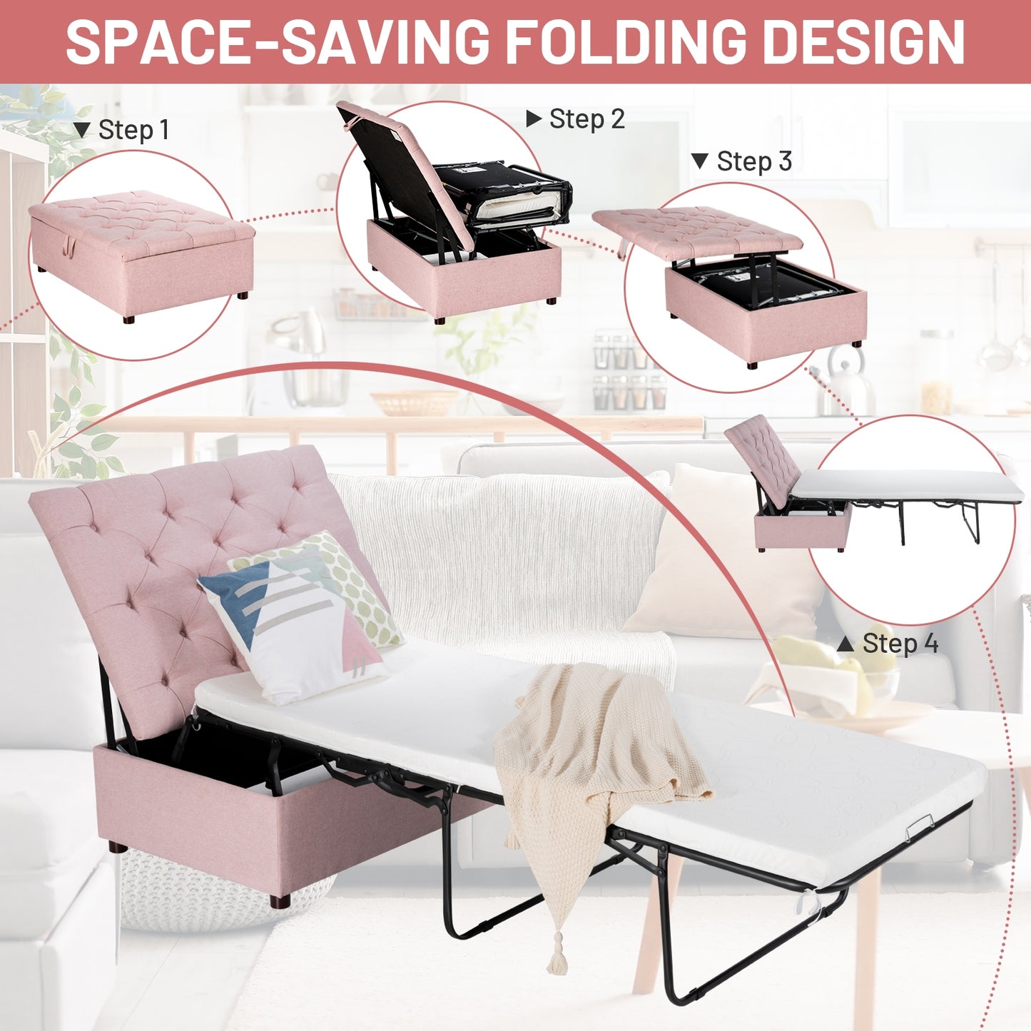 Folding Ottoman Sleeper Bed with Memory Foam Mattress - Pink
