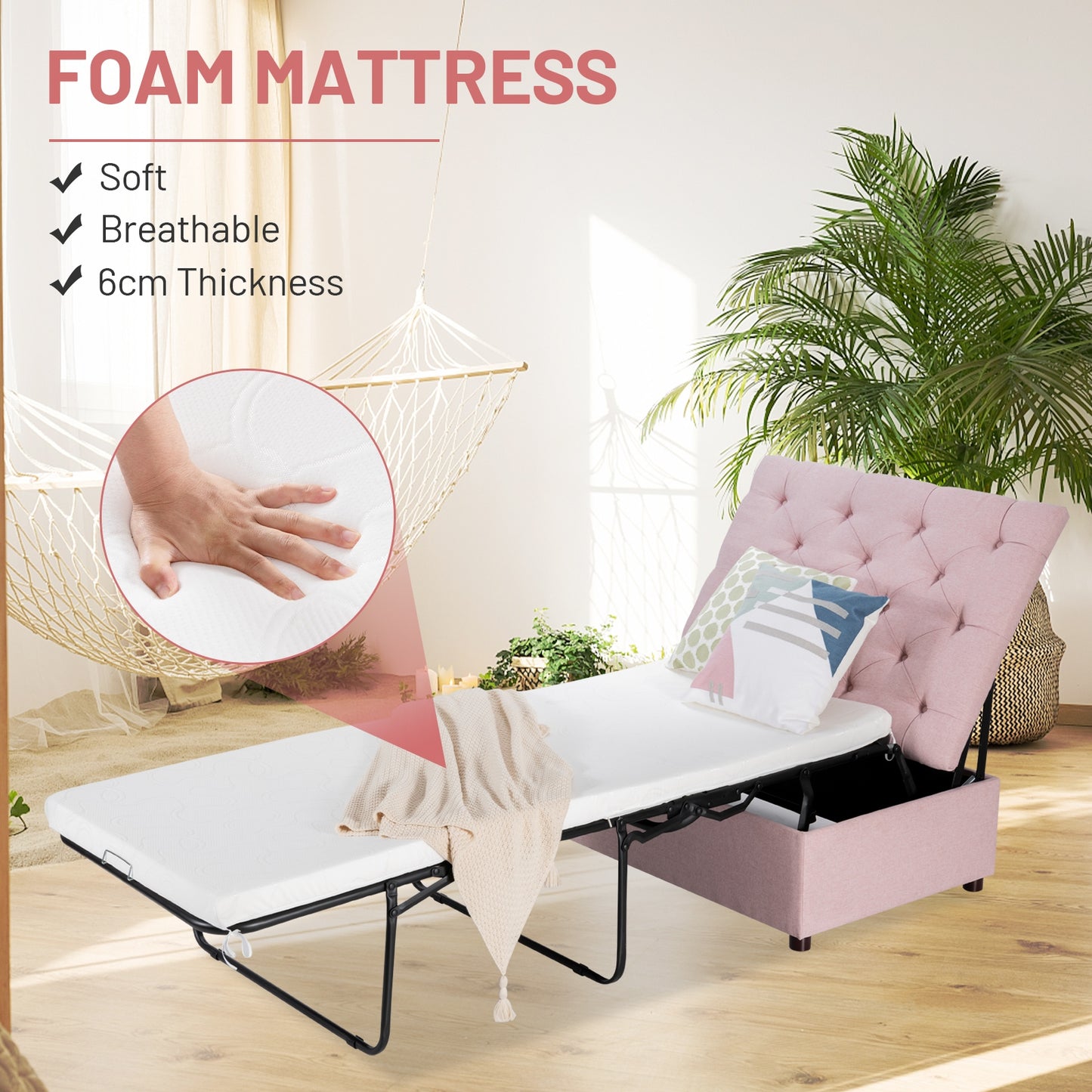 Folding Ottoman Sleeper Bed with Memory Foam Mattress - Pink