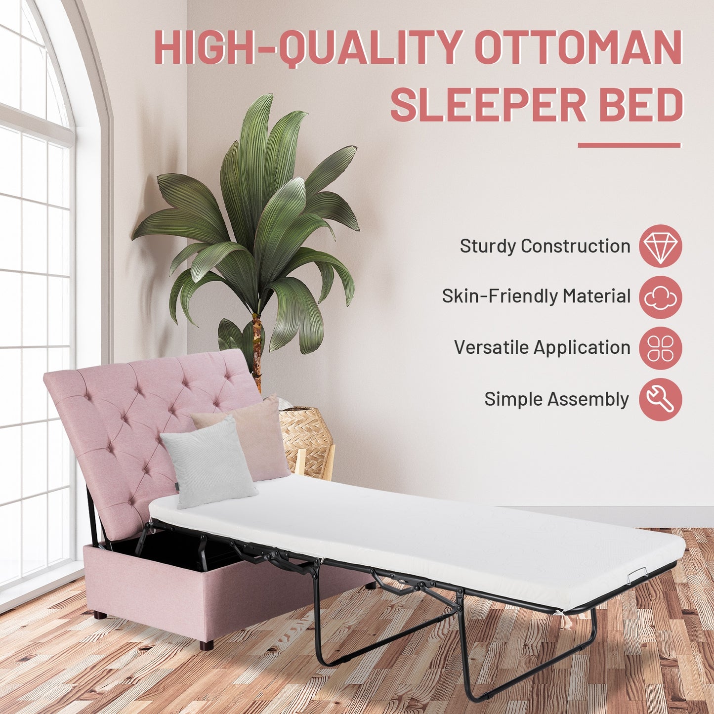 Folding Ottoman Sleeper Bed with Memory Foam Mattress - Pink