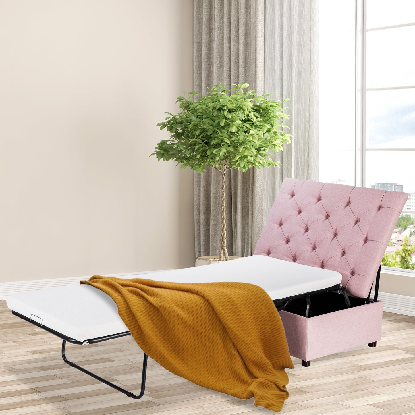 Folding Ottoman Sleeper Bed with Memory Foam Mattress - Pink
