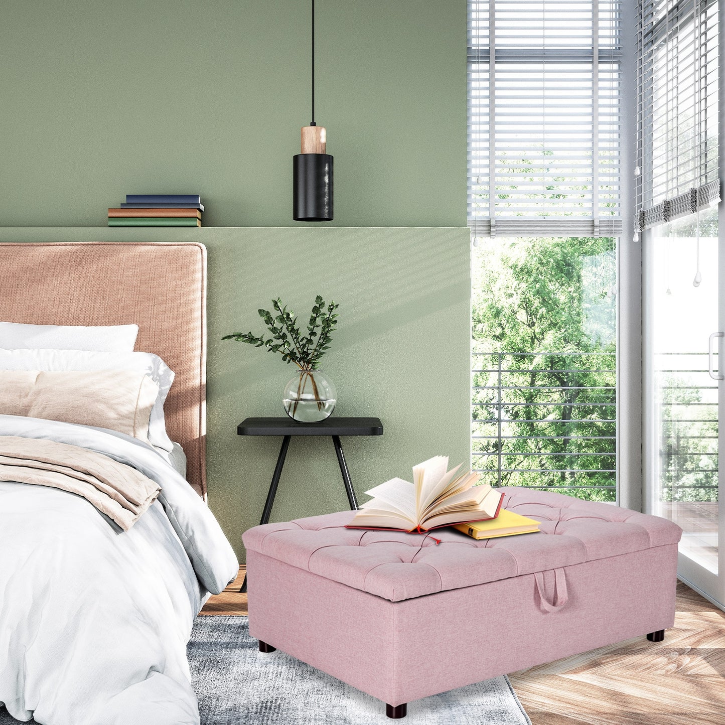 Folding Ottoman Sleeper Bed with Memory Foam Mattress - Pink