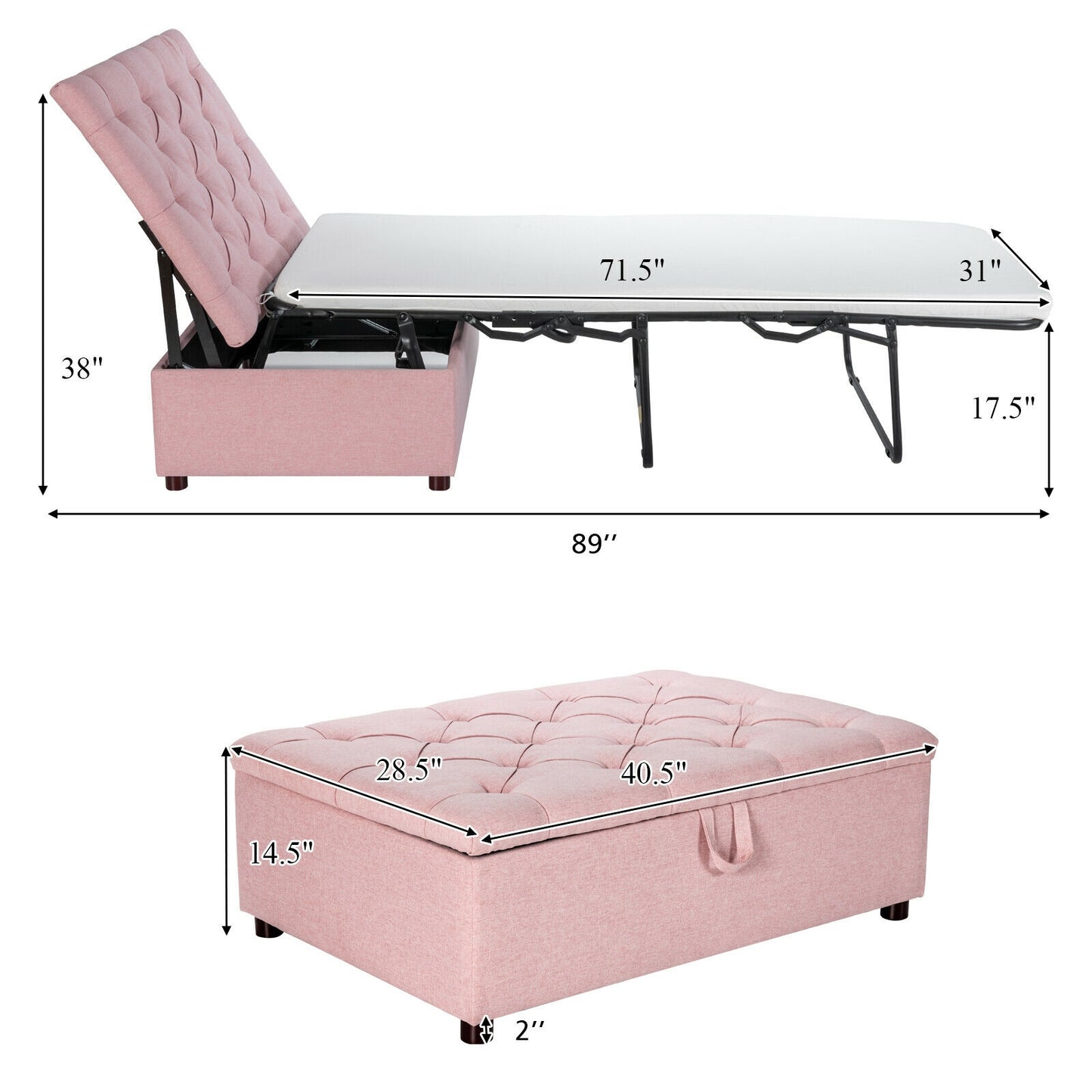 Folding Ottoman Sleeper Bed with Memory Foam Mattress - Pink