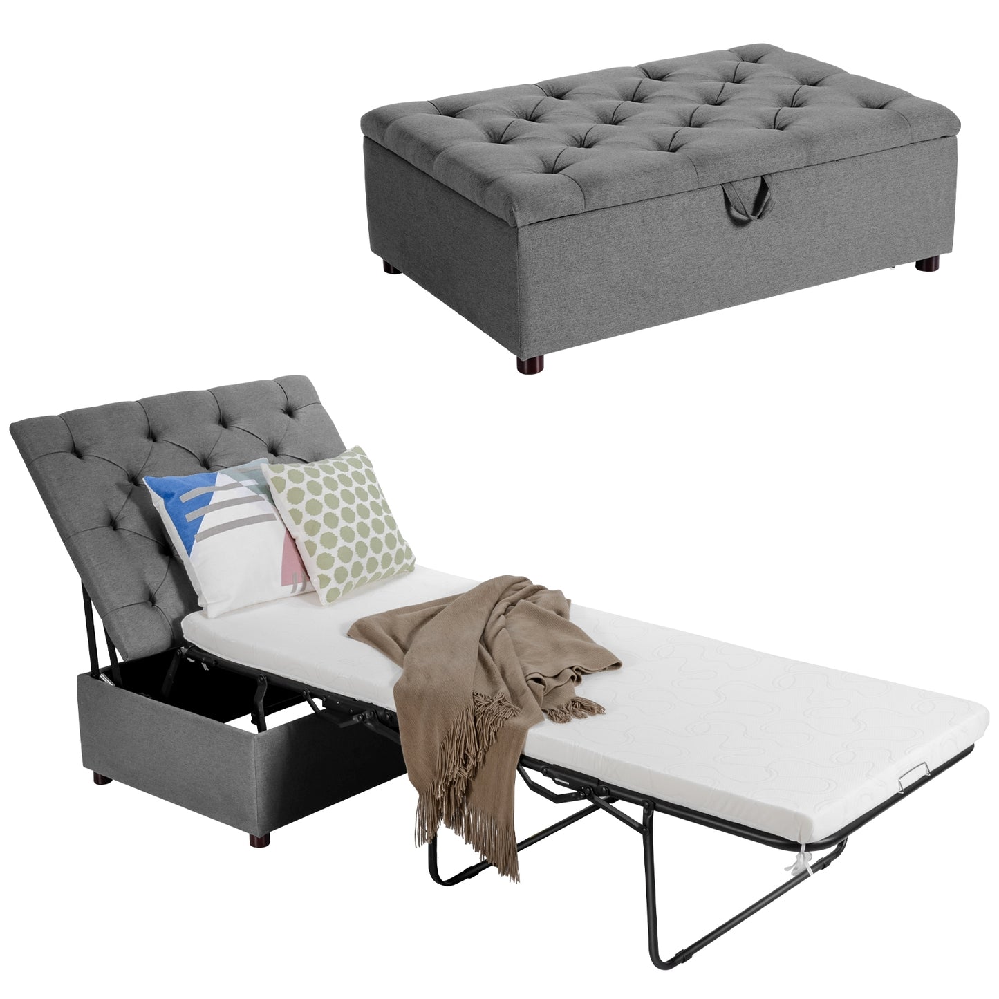 Folding Ottoman Sleeper Bed with Memory Foam Mattress - Grey