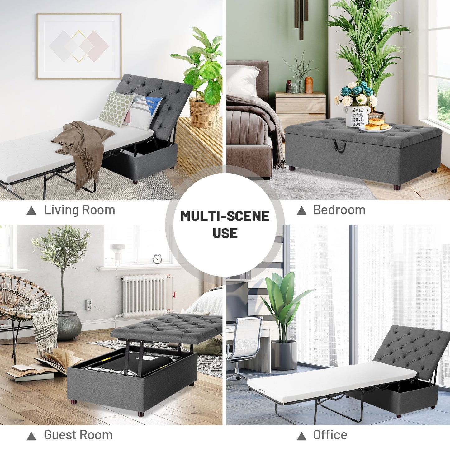 Folding Ottoman Sleeper Bed with Memory Foam Mattress - Grey