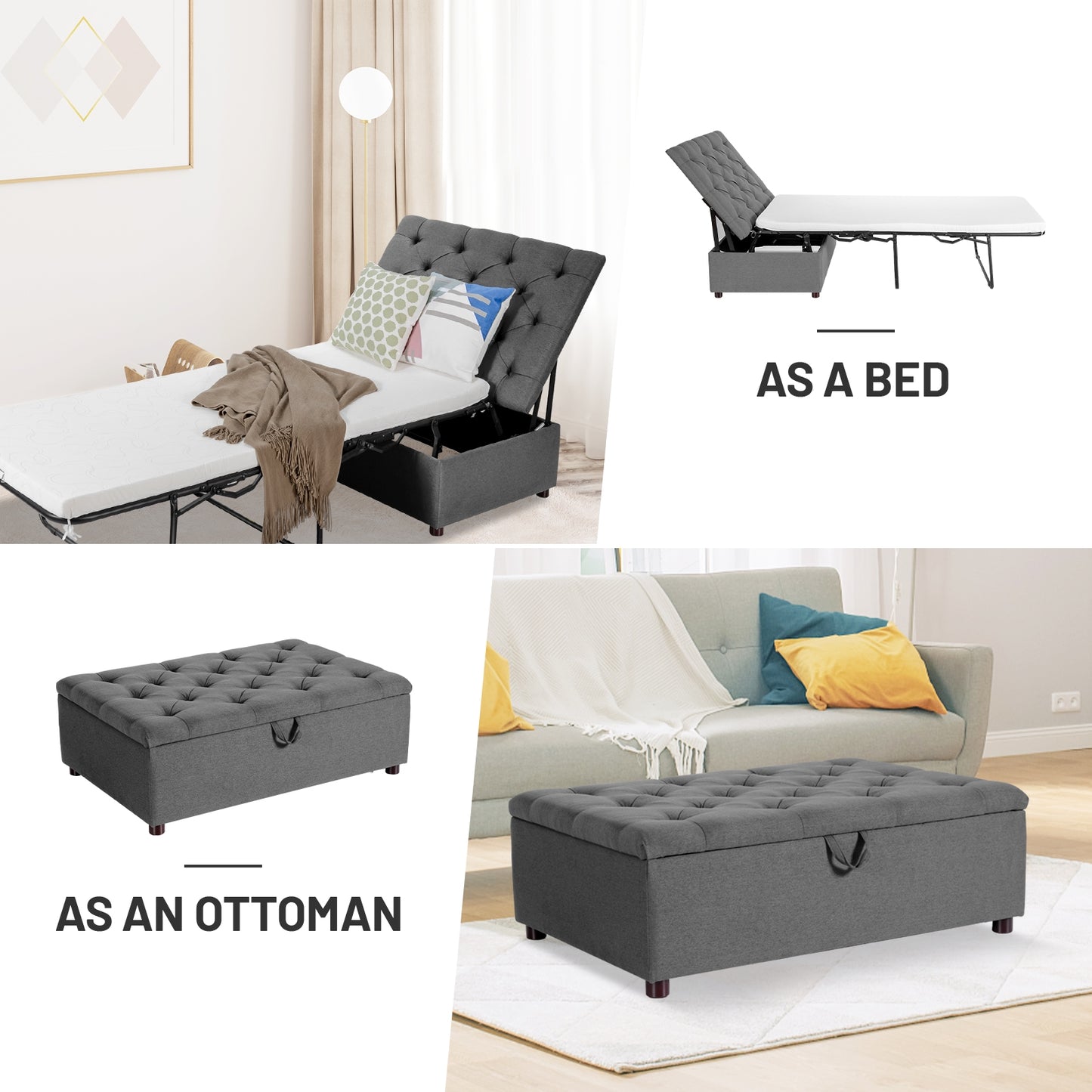 Folding Ottoman Sleeper Bed with Memory Foam Mattress - Grey