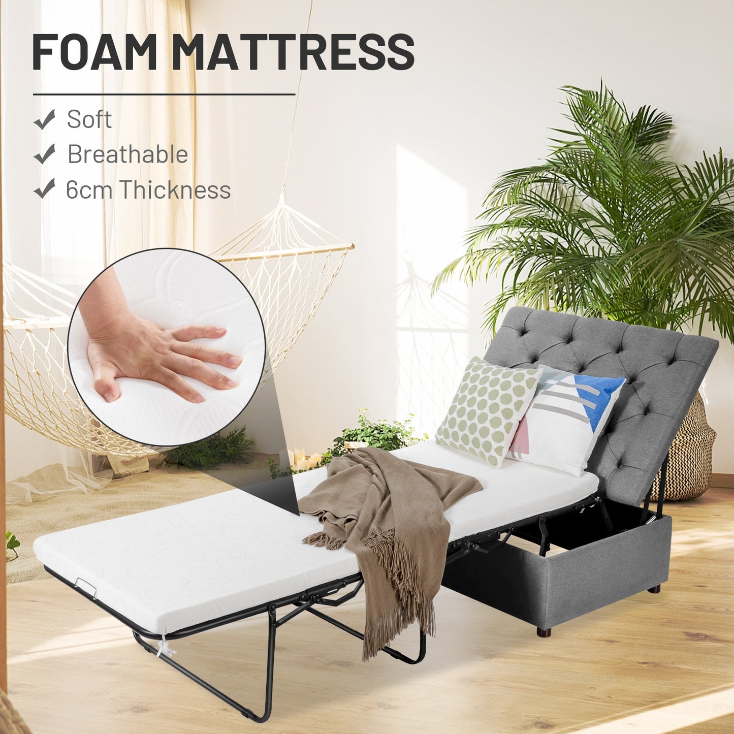 Folding Ottoman Sleeper Bed with Memory Foam Mattress - Grey