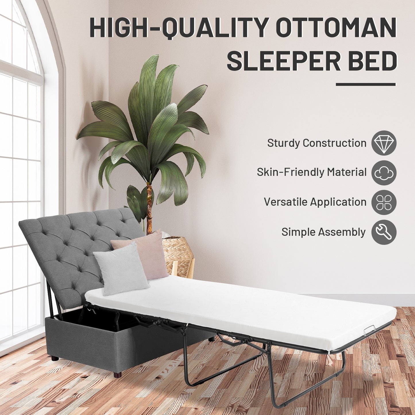 Folding Ottoman Sleeper Bed with Memory Foam Mattress - Grey
