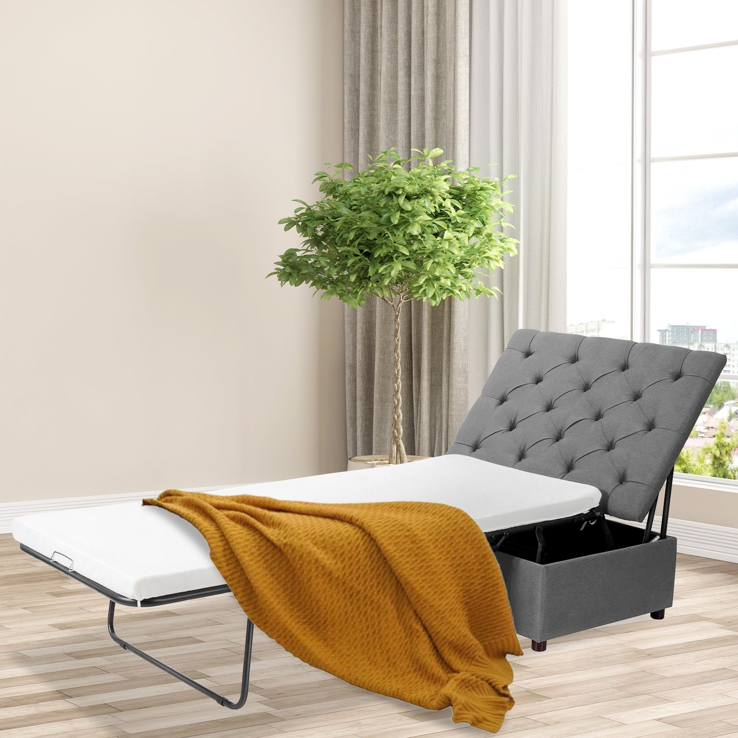 Folding Ottoman Sleeper Bed with Memory Foam Mattress - Grey