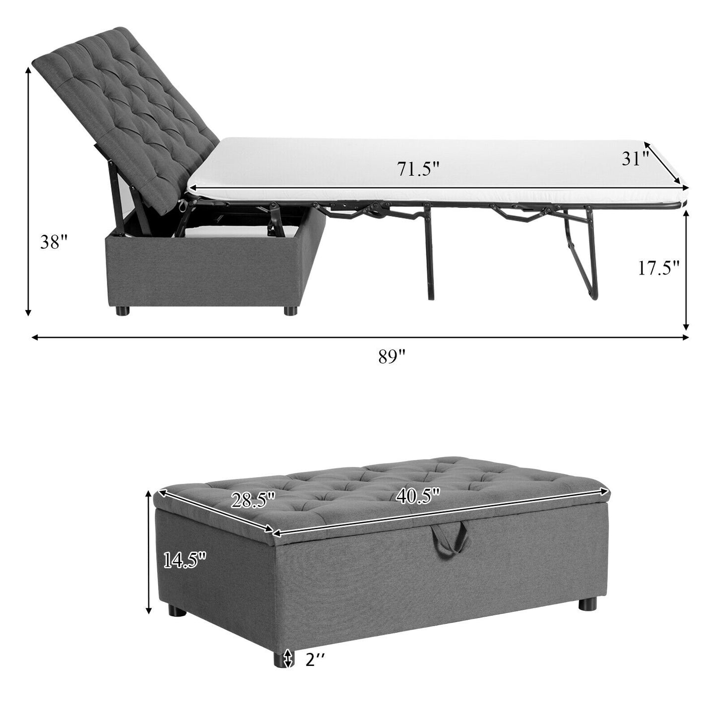 Folding Ottoman Sleeper Bed with Memory Foam Mattress - Grey