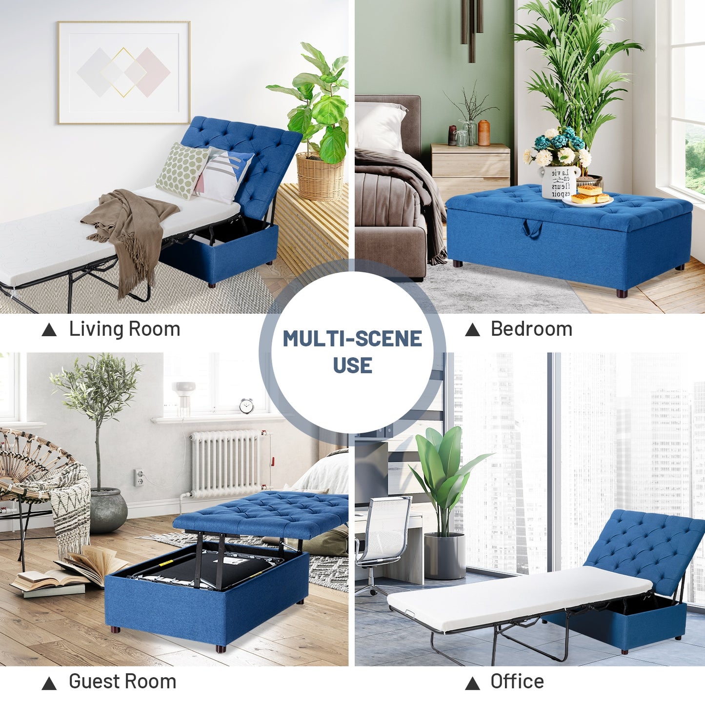 Folding Ottoman Sleeper Bed with Memory Foam Mattress - Blue