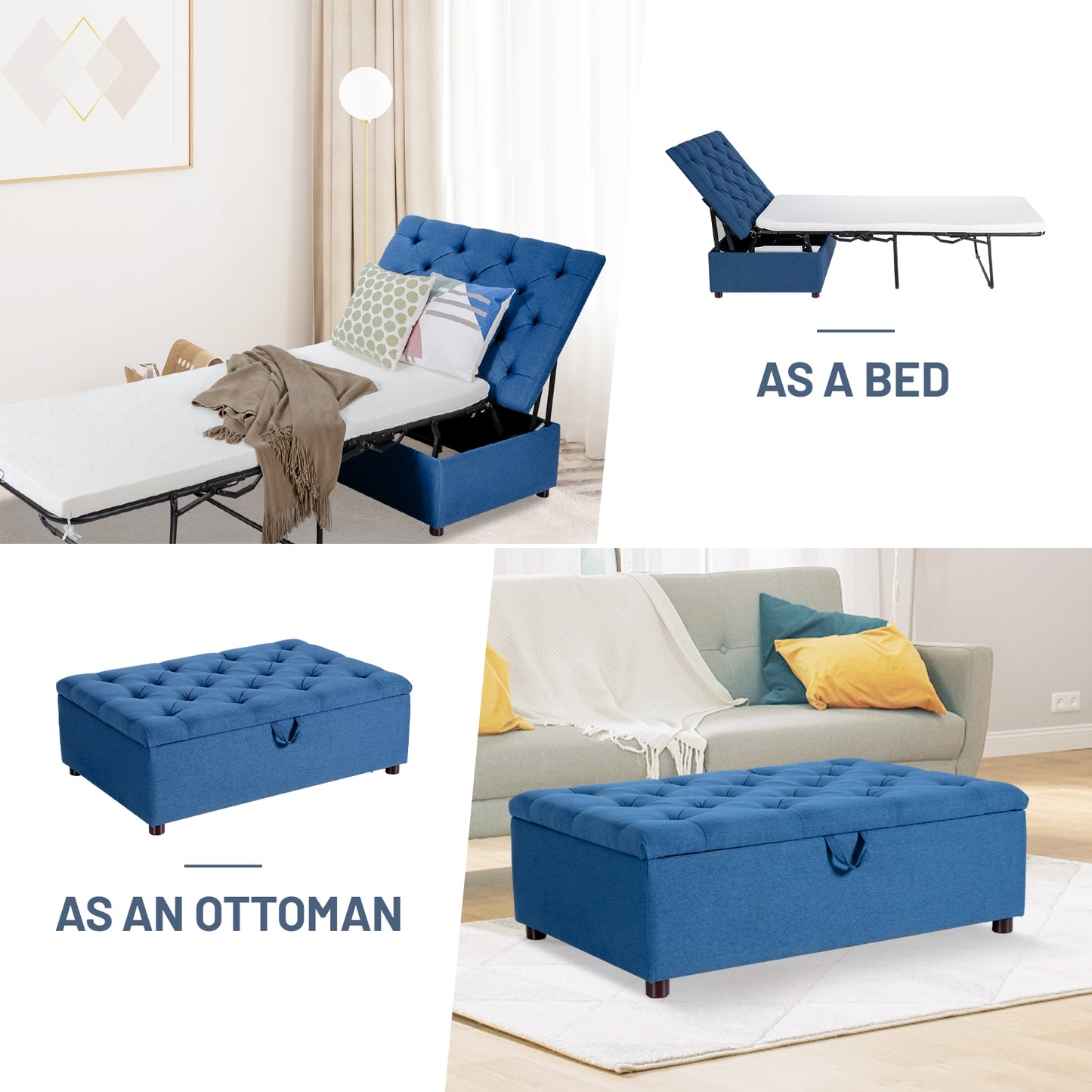 Folding Ottoman Sleeper Bed with Memory Foam Mattress - Blue