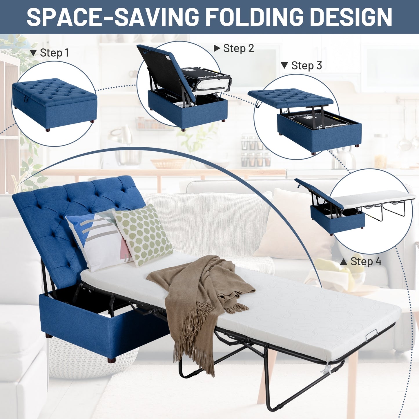 Folding Ottoman Sleeper Bed with Memory Foam Mattress - Blue