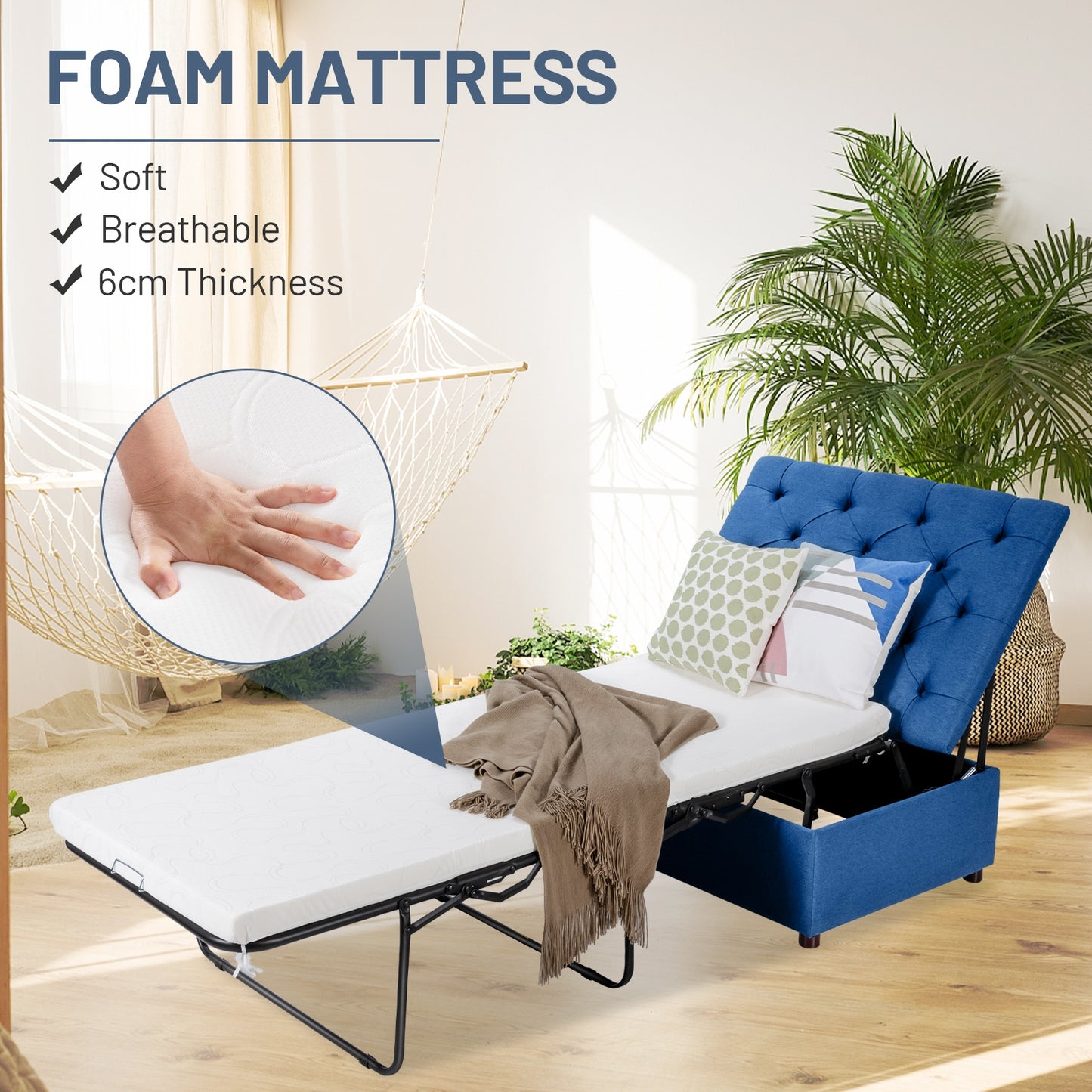 Folding Ottoman Sleeper Bed with Memory Foam Mattress - Blue
