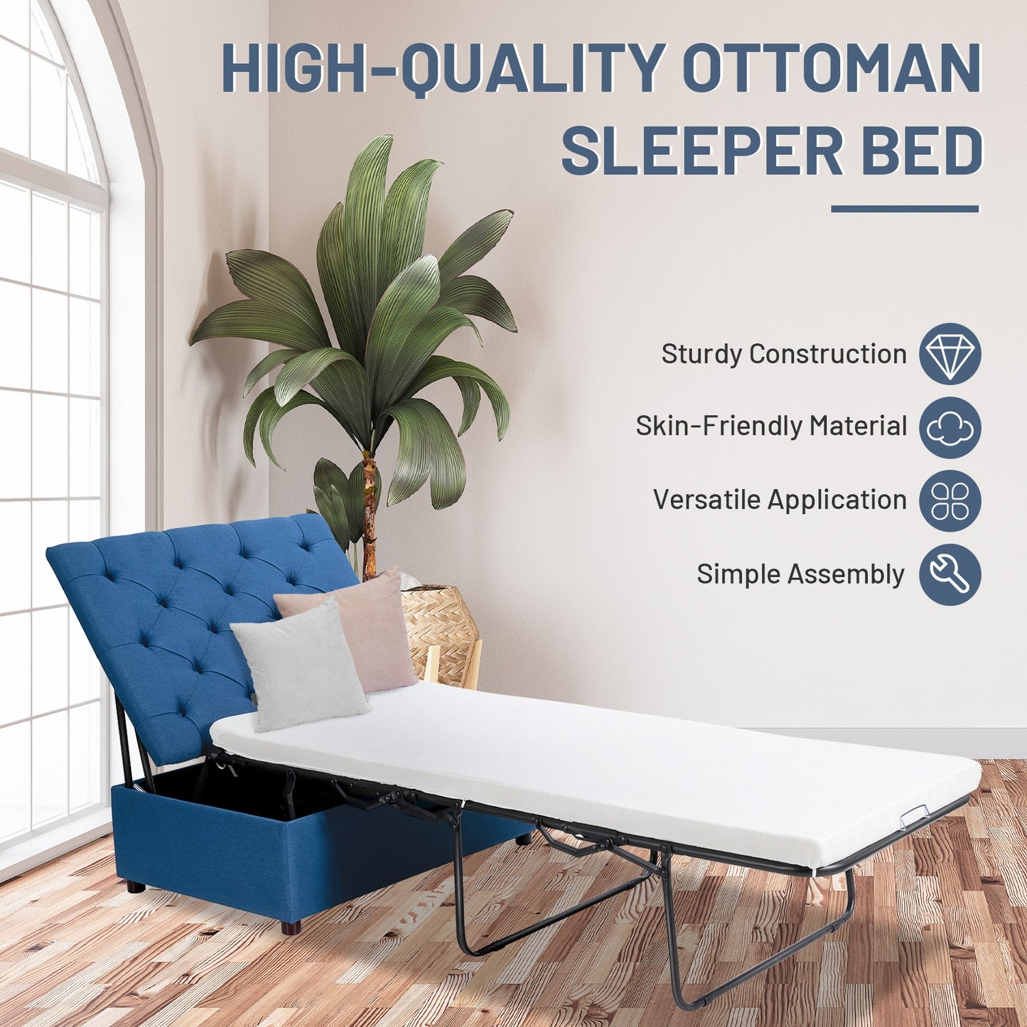 Folding Ottoman Sleeper Bed with Memory Foam Mattress - Blue