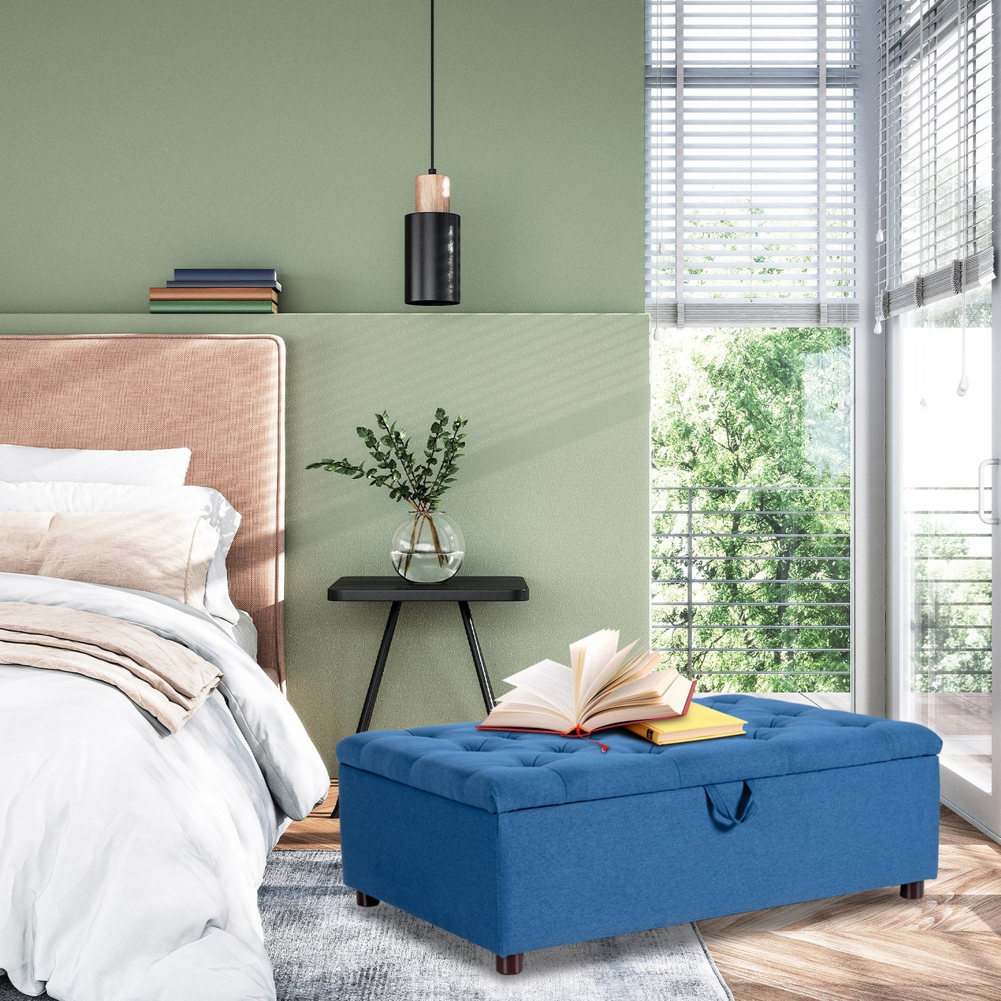 Folding Ottoman Sleeper Bed with Memory Foam Mattress - Blue