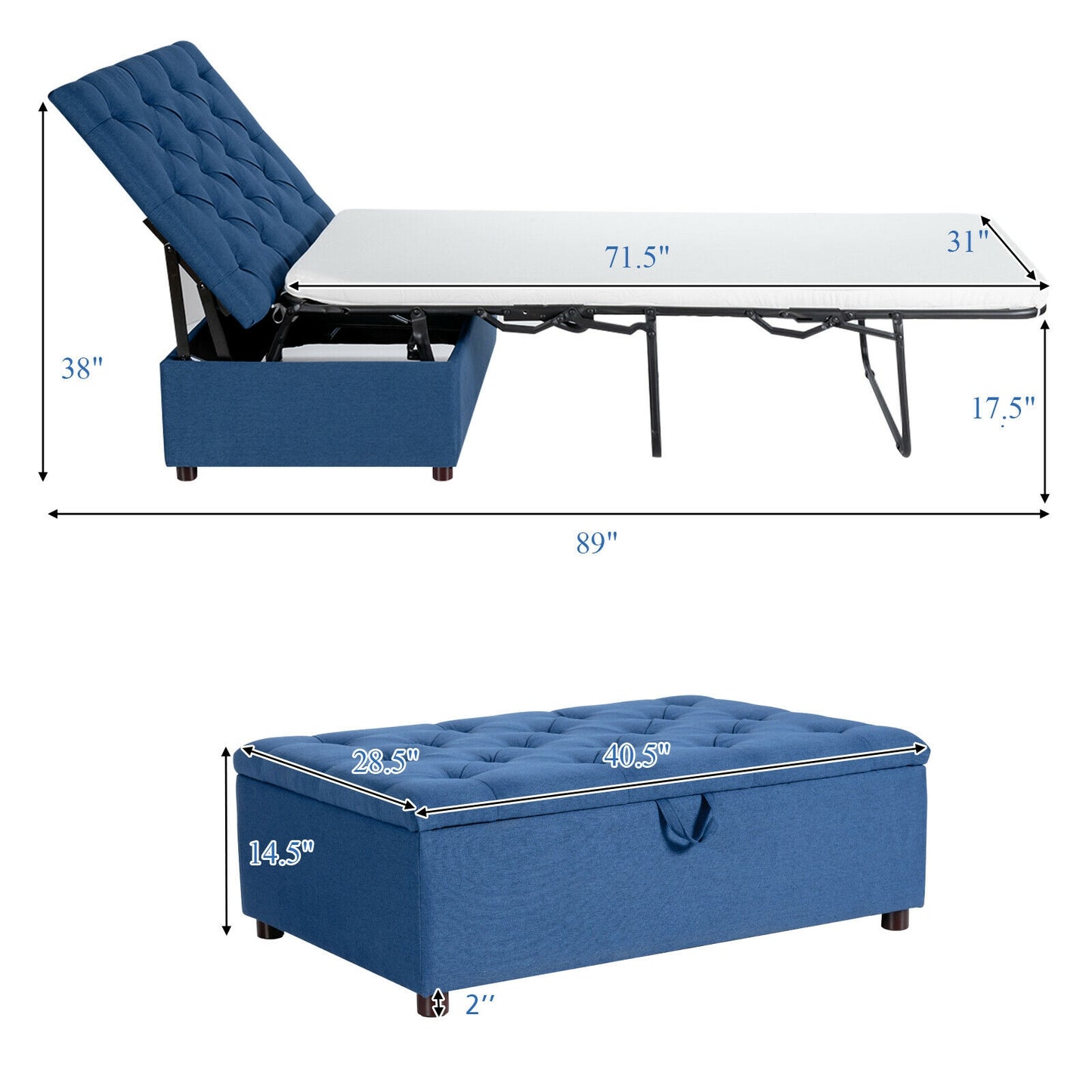 Folding Ottoman Sleeper Bed with Memory Foam Mattress - Blue
