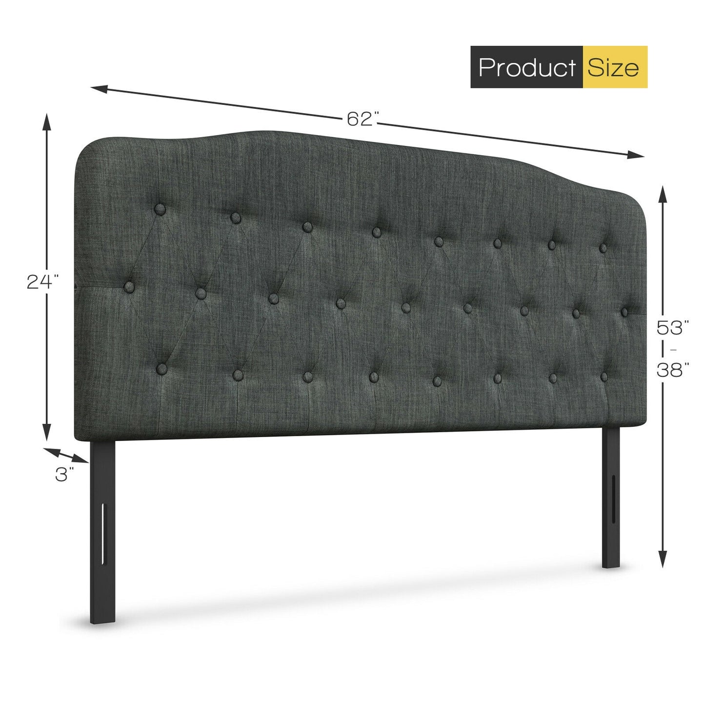 Adjustable Height Upholstered Queen Headboard - Dark Grey