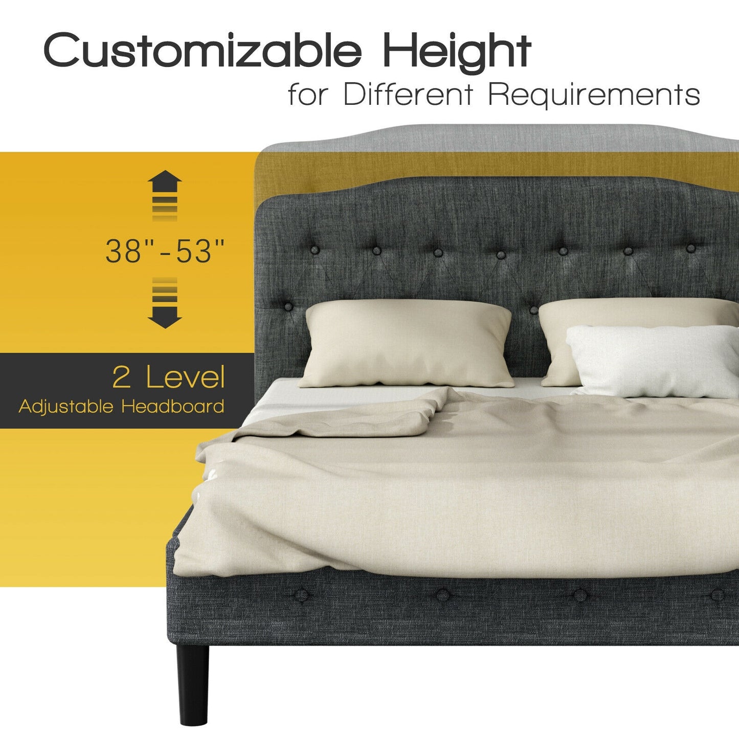 Adjustable Height Upholstered Queen Headboard - Dark Grey