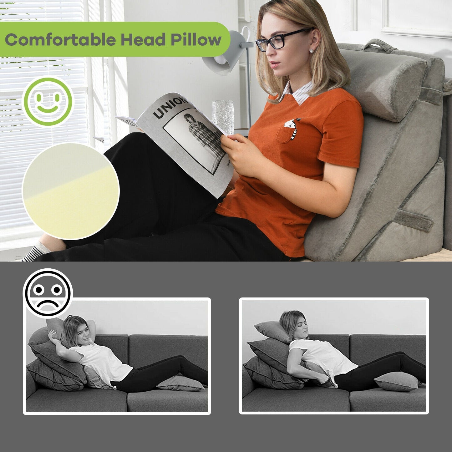 Multipurpose Adjustable Memory Foam Wedge Pillow with Neck & Back Support – Grey
