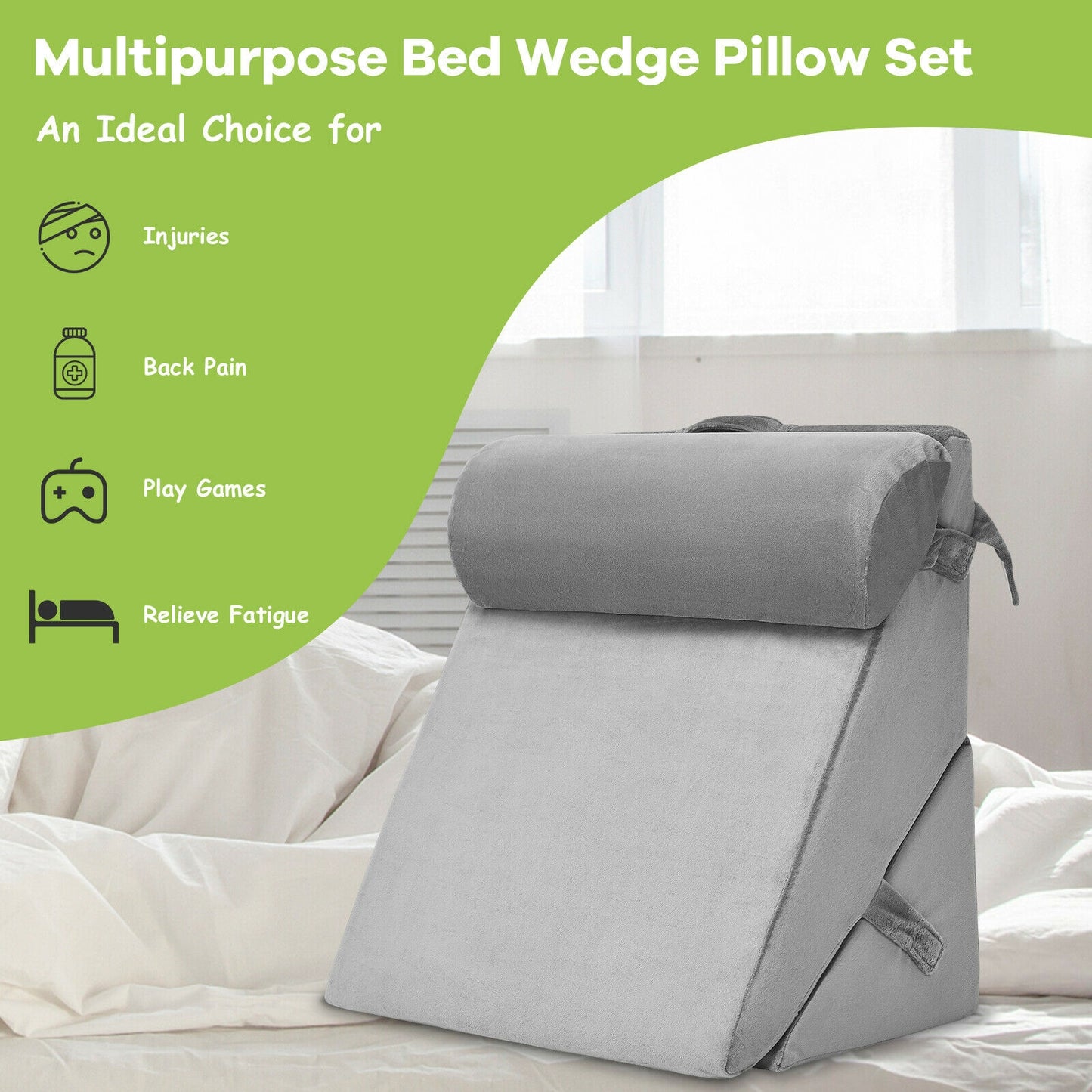 Multipurpose Adjustable Memory Foam Wedge Pillow with Neck & Back Support – Grey
