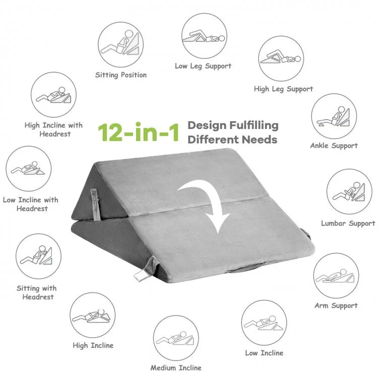 Multipurpose Adjustable Memory Foam Wedge Pillow with Neck & Back Support – Grey