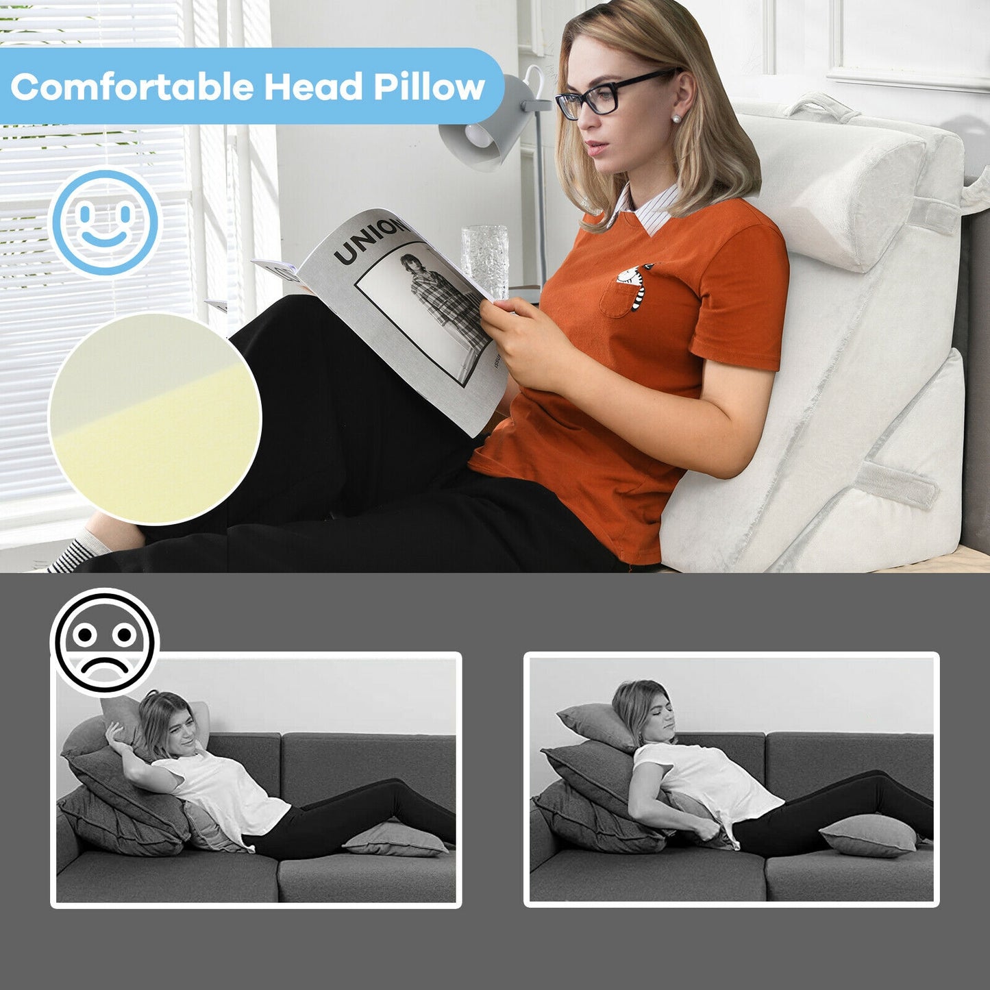 Multipurpose Adjustable Memory Foam Wedge Pillow with Neck & Back Support – White