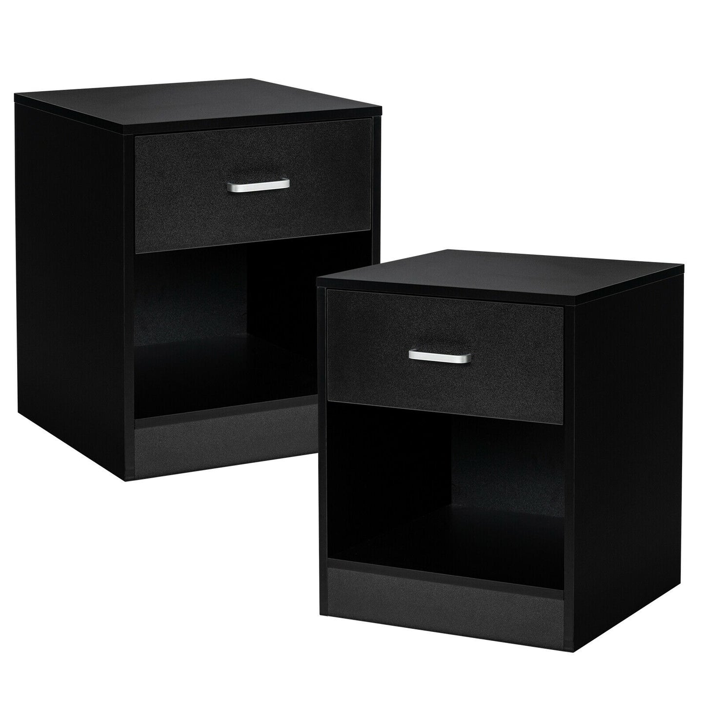Set of 2 Modern Nightstands with Drawer and Open Storage Shelf – Black Finish