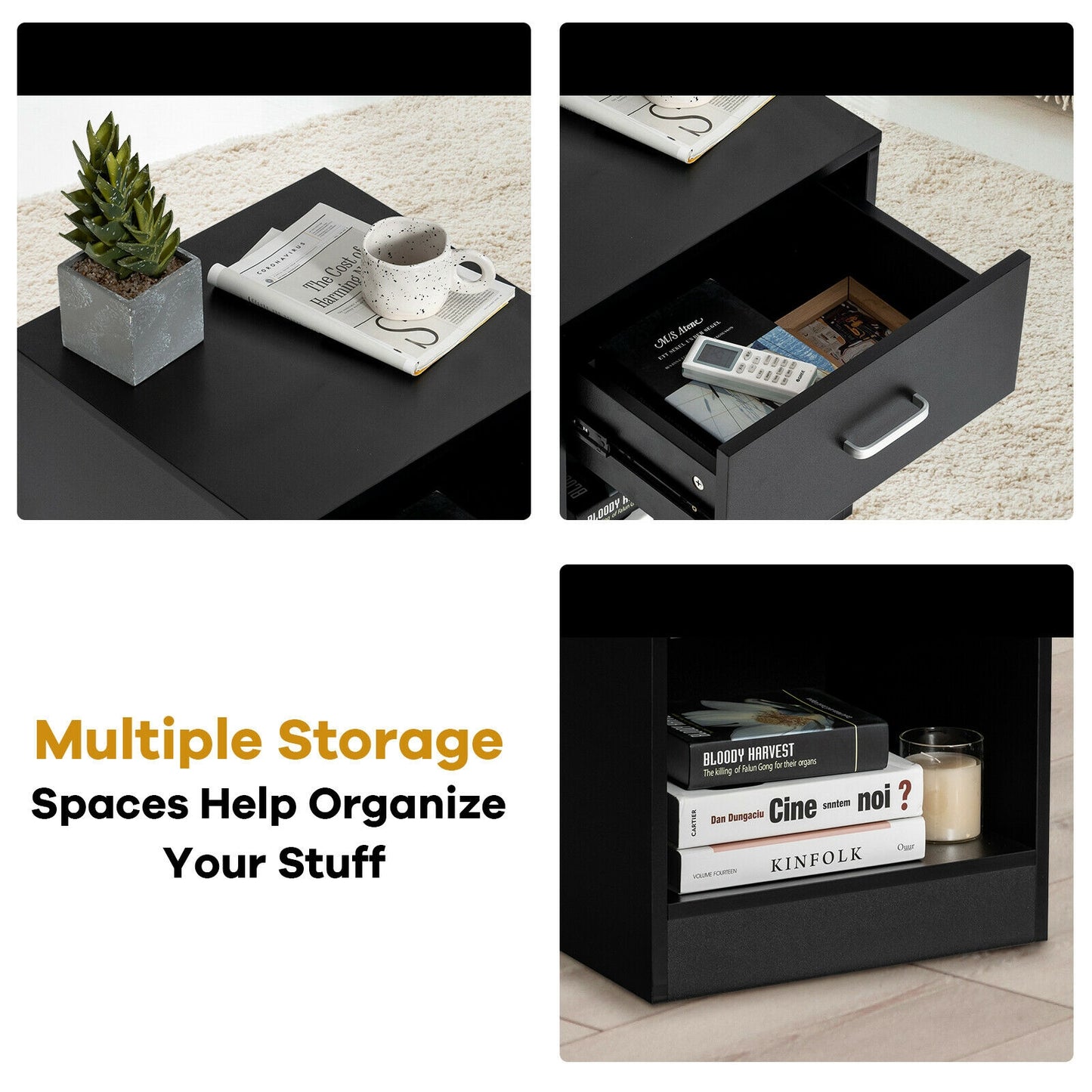Set of 2 Modern Nightstands with Drawer and Open Storage Shelf – Black Finish