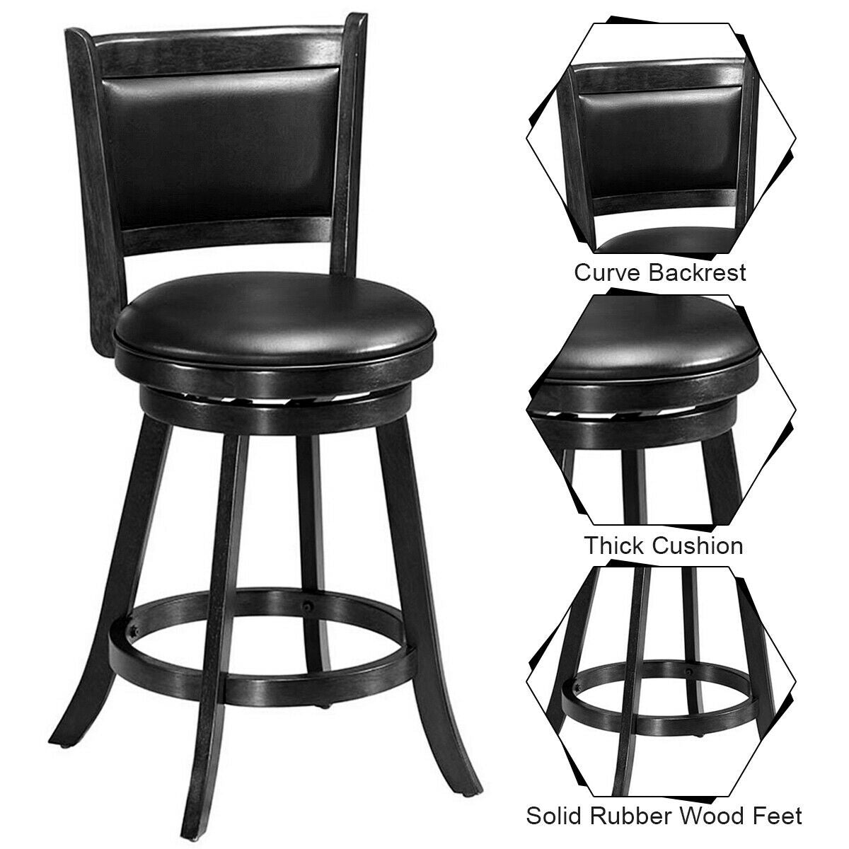 24 Inch Swivel Counter Stools with Upholstered Seats, Set of 2 - Black