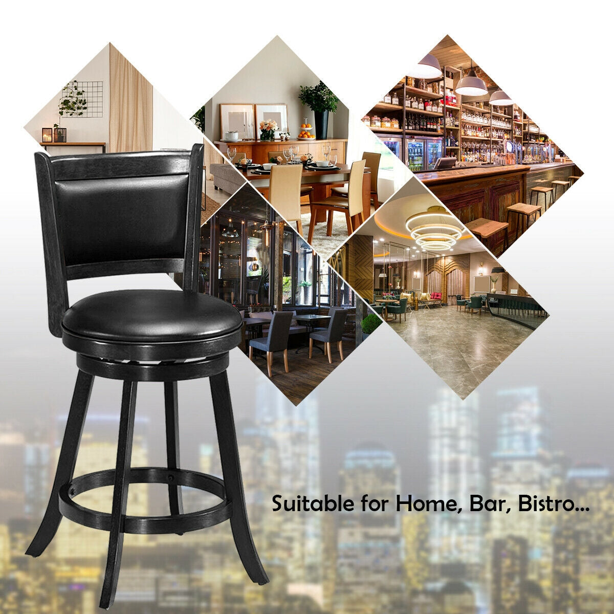 24 Inch Swivel Counter Stools with Upholstered Seats, Set of 2 - Black