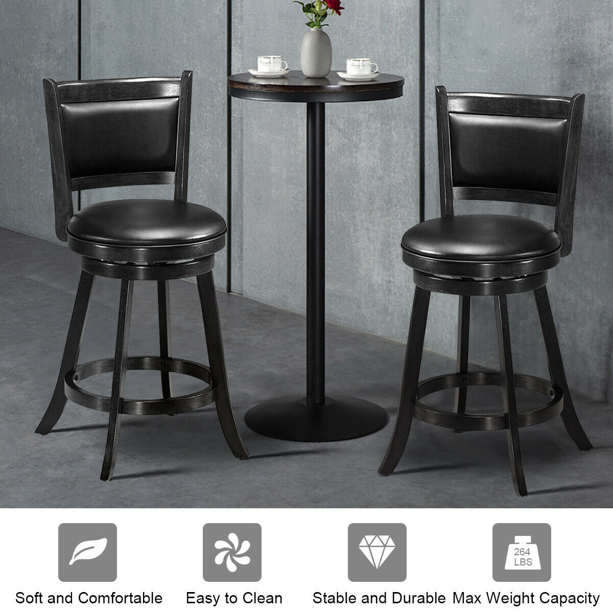 24 Inch Swivel Counter Stools with Upholstered Seats, Set of 2 - Black