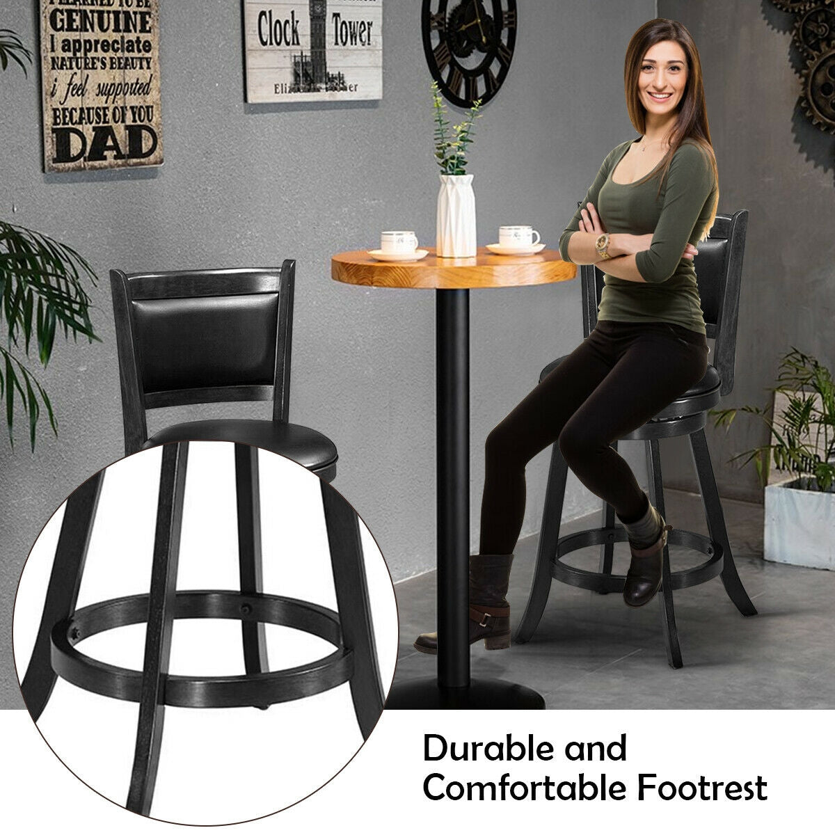 24 Inch Swivel Counter Stools with Upholstered Seats, Set of 2 - Black