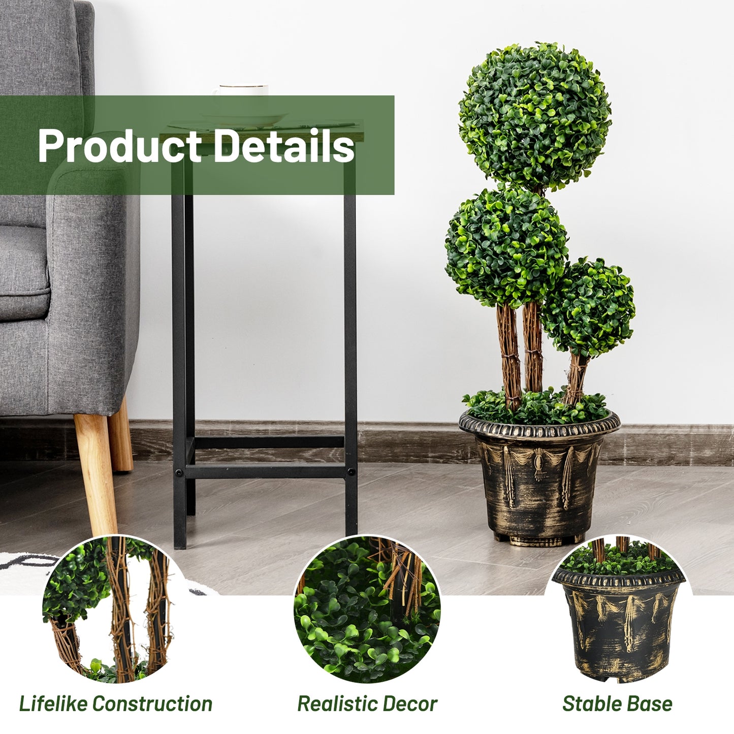 30 Inch Artificial Triple Ball Topiary Tree - UV Protected for Indoor & Outdoor Decoration