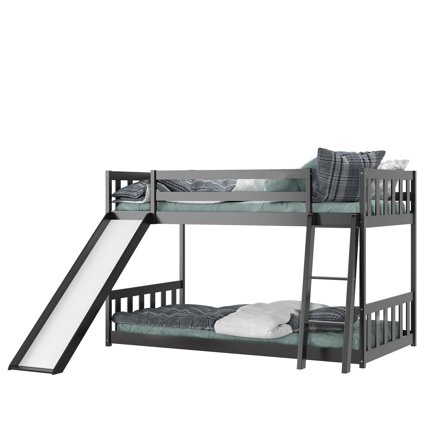 Twin Over Twin Wooden Bunk Bed with Slide and Ladder for Kids – Dark Brown