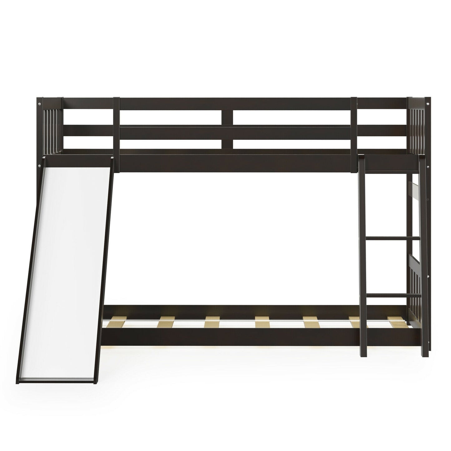 Twin Over Twin Wooden Bunk Bed with Slide and Ladder for Kids – Dark Brown