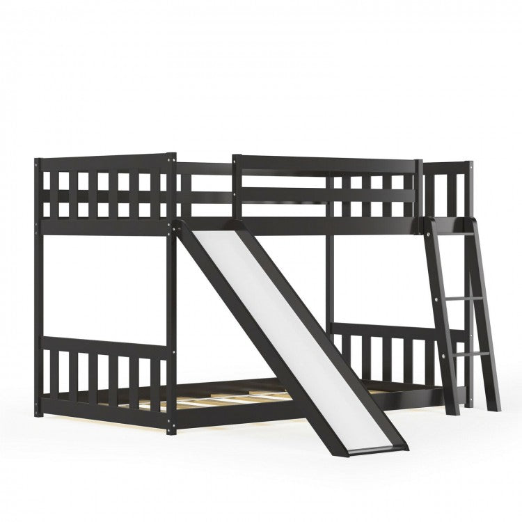 Twin Over Twin Wooden Bunk Bed with Slide and Ladder for Kids – Dark Brown