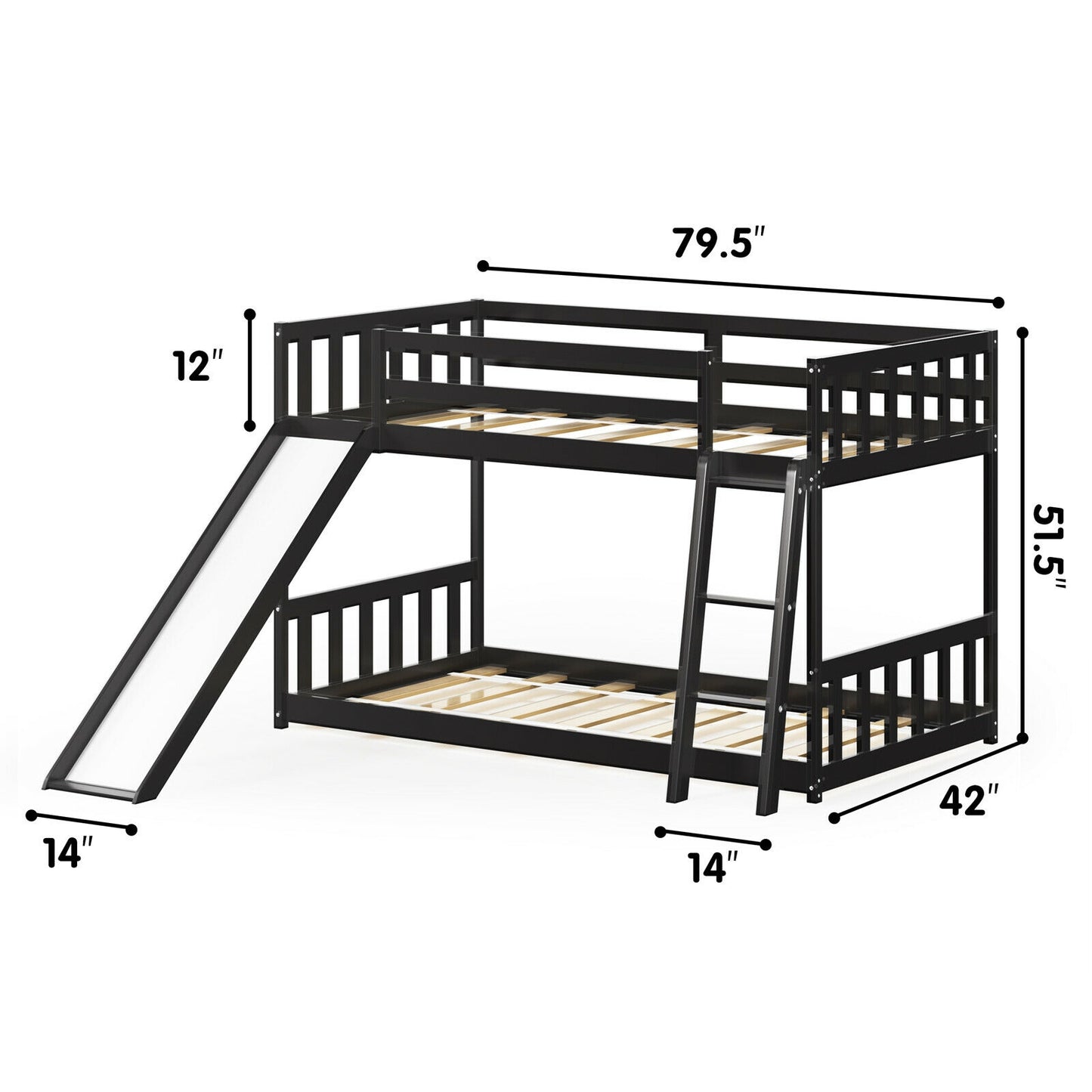 Twin Over Twin Wooden Bunk Bed with Slide and Ladder for Kids – Dark Brown